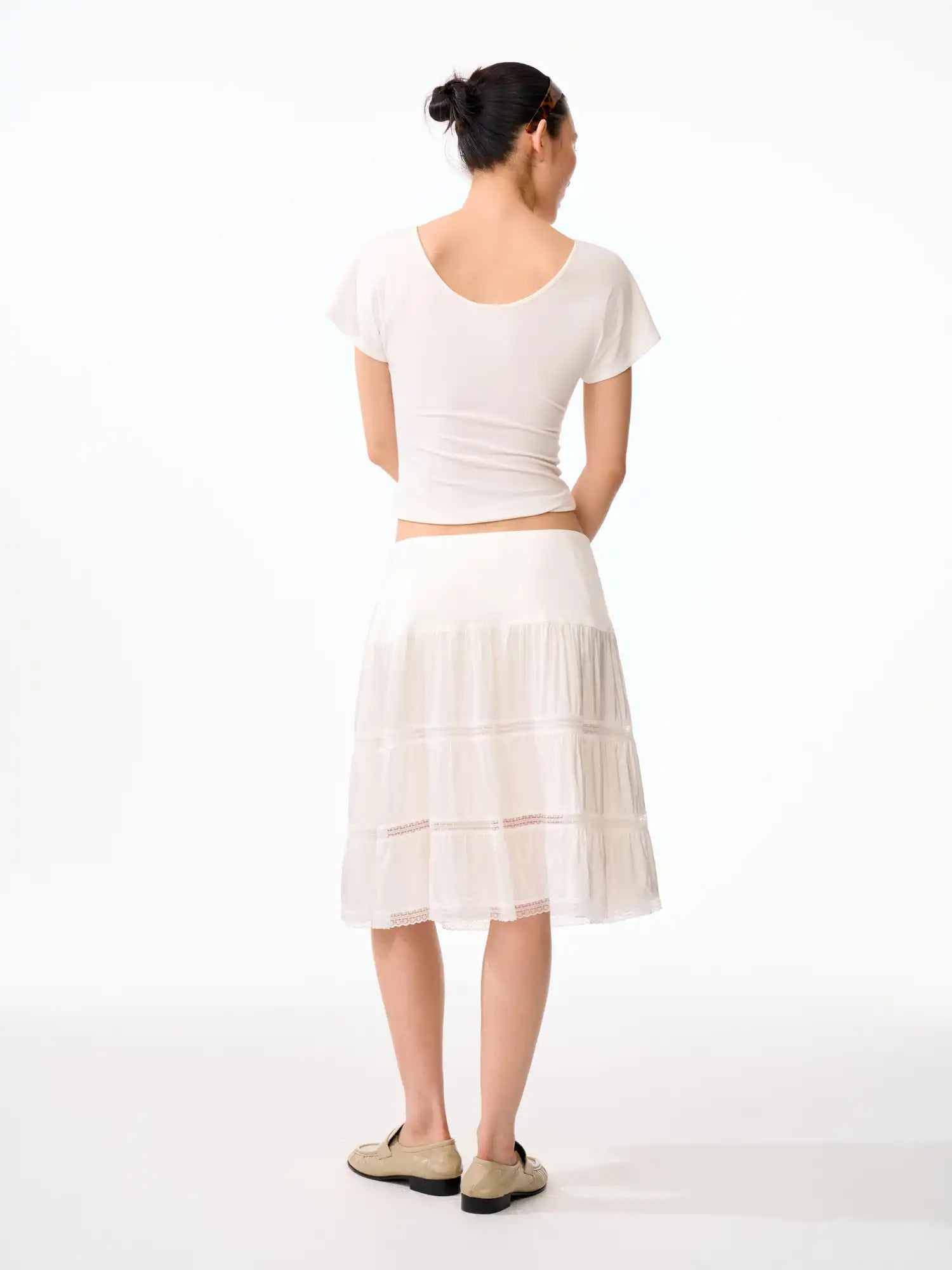 FirstFloor White Layered Satin Lace Ruffle Midi Skirt | Canton Collective