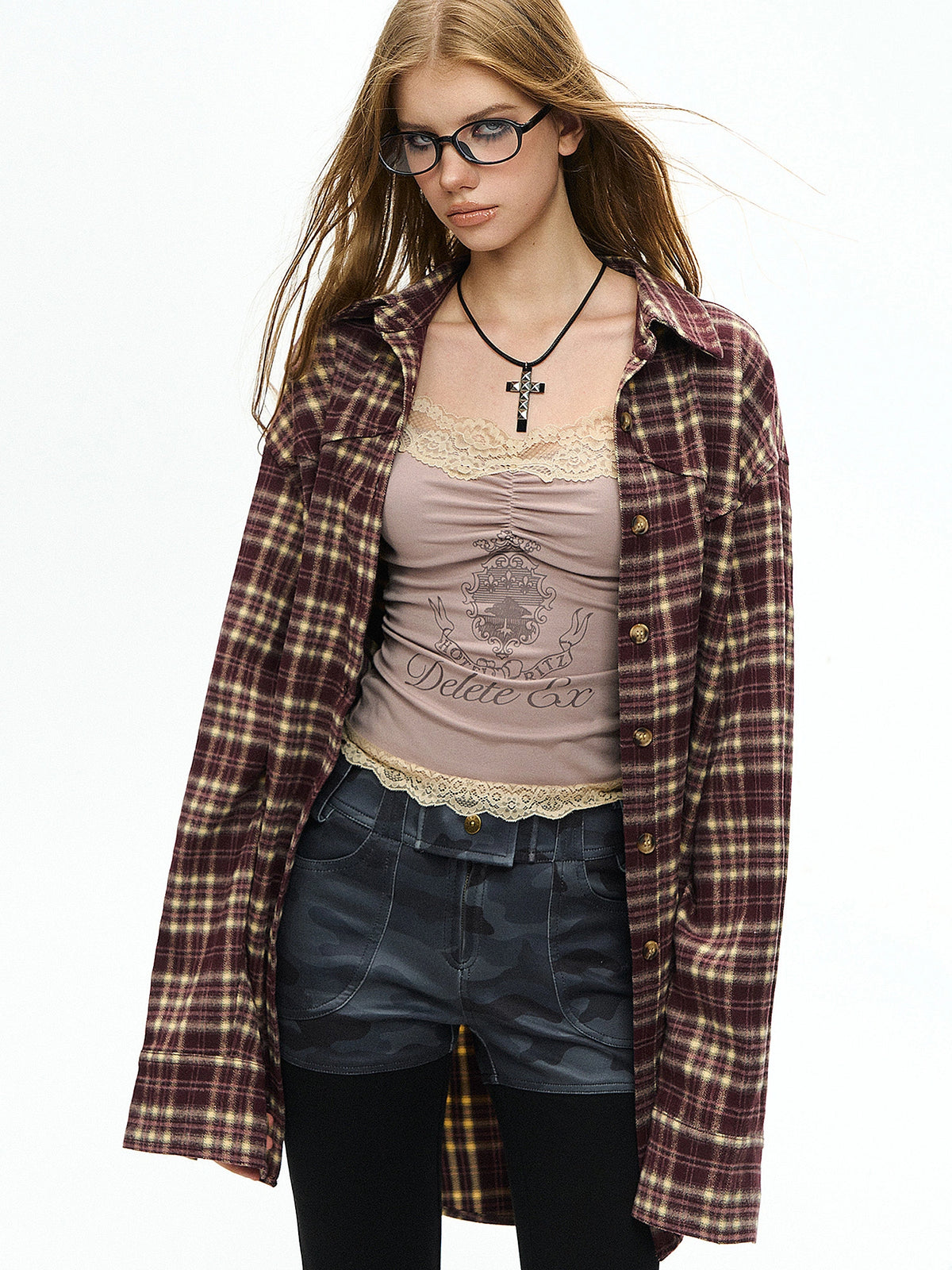 Deleteex Y2K Flannel Longline Long Sleeve Button Up Shirt | Canton Collective