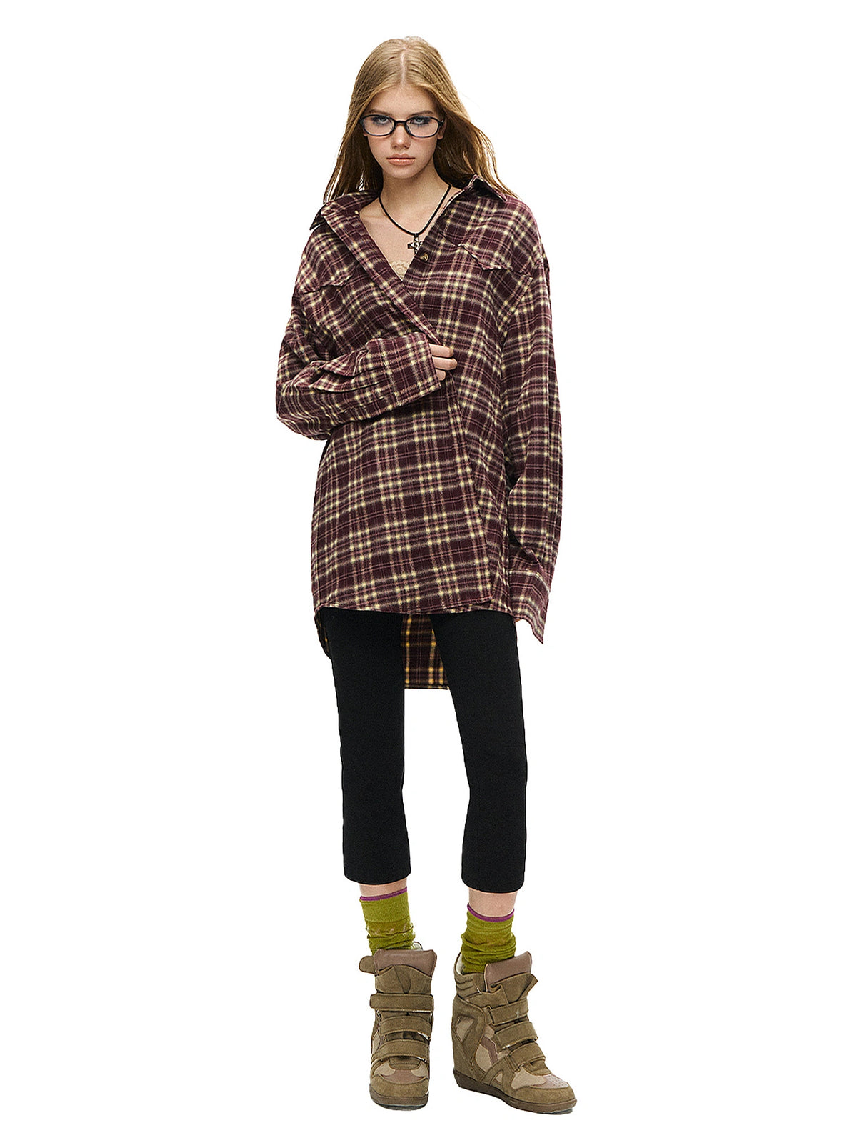 Deleteex Y2K Flannel Longline Long Sleeve Button Up Shirt | Canton Collective