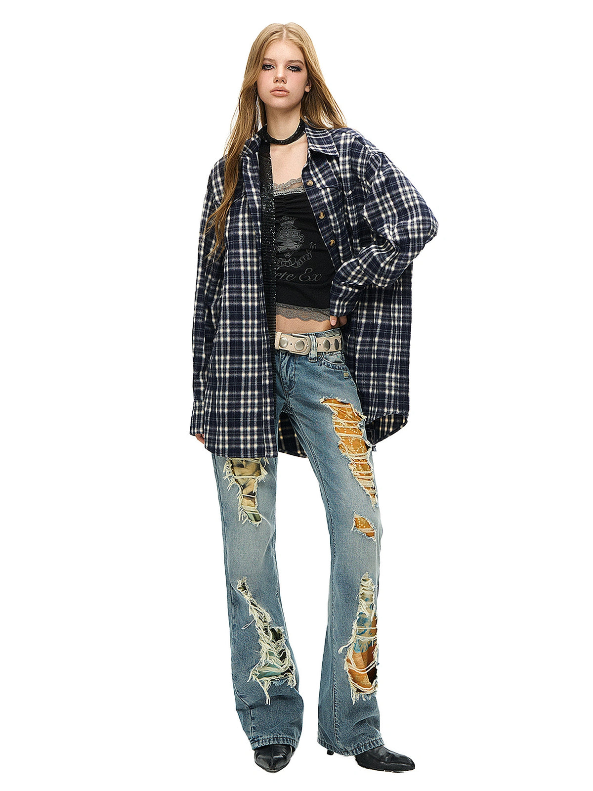 Deleteex Y2K Flannel Longline Long Sleeve Button Up Shirt | Canton Collective