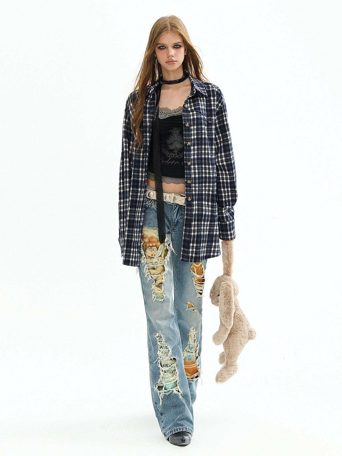 Deleteex Y2K Flannel Longline Long Sleeve Button Up Shirt | Canton Collective