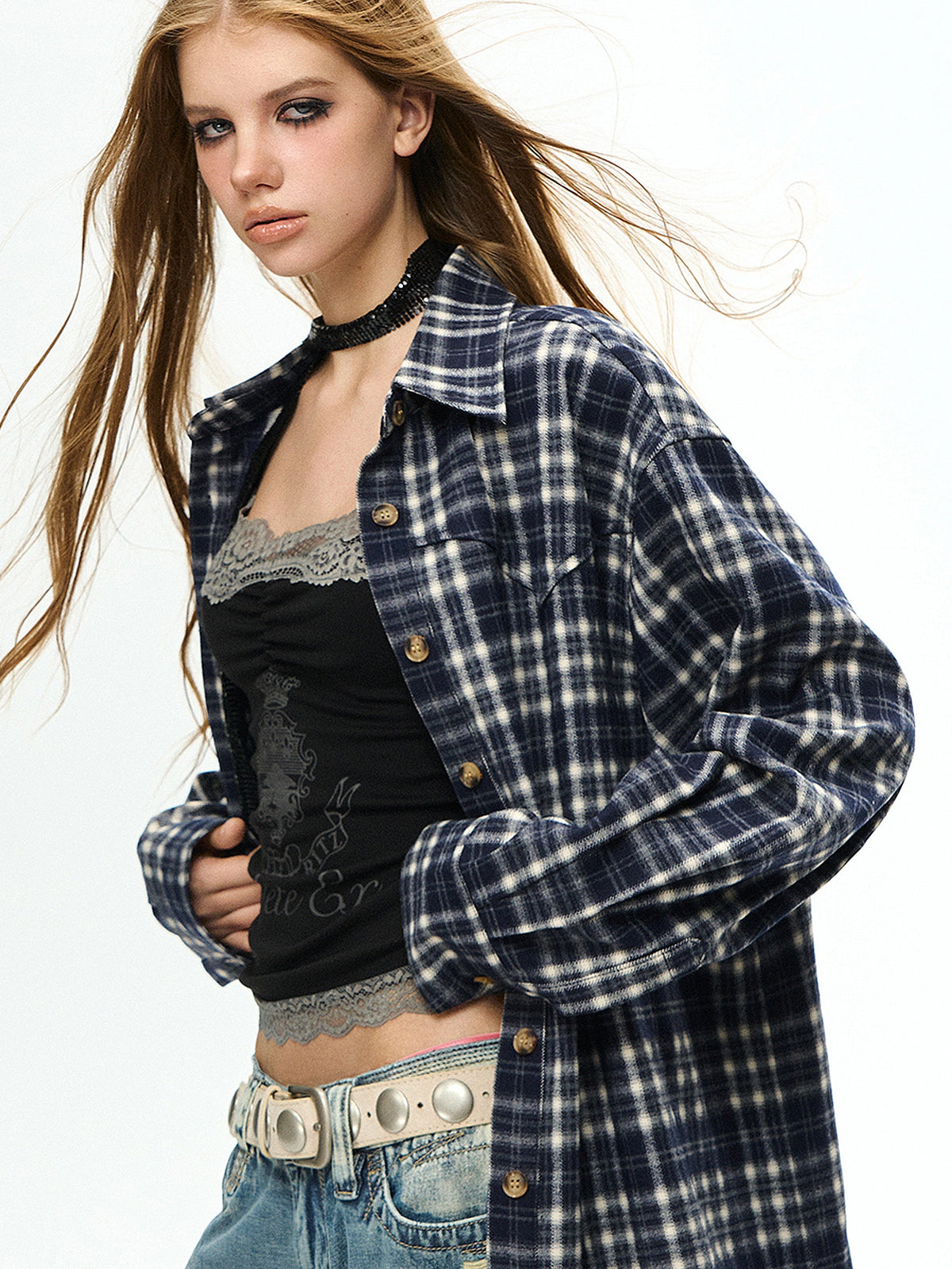 Deleteex Y2K Flannel Longline Long Sleeve Button Up Shirt | Canton Collective