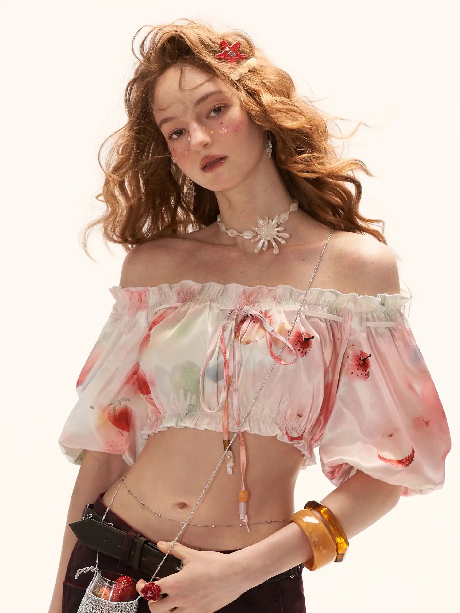 MAMC Y2K Fruity Ruffle Trim Satin Shirred Bardot Top | Canton Collective