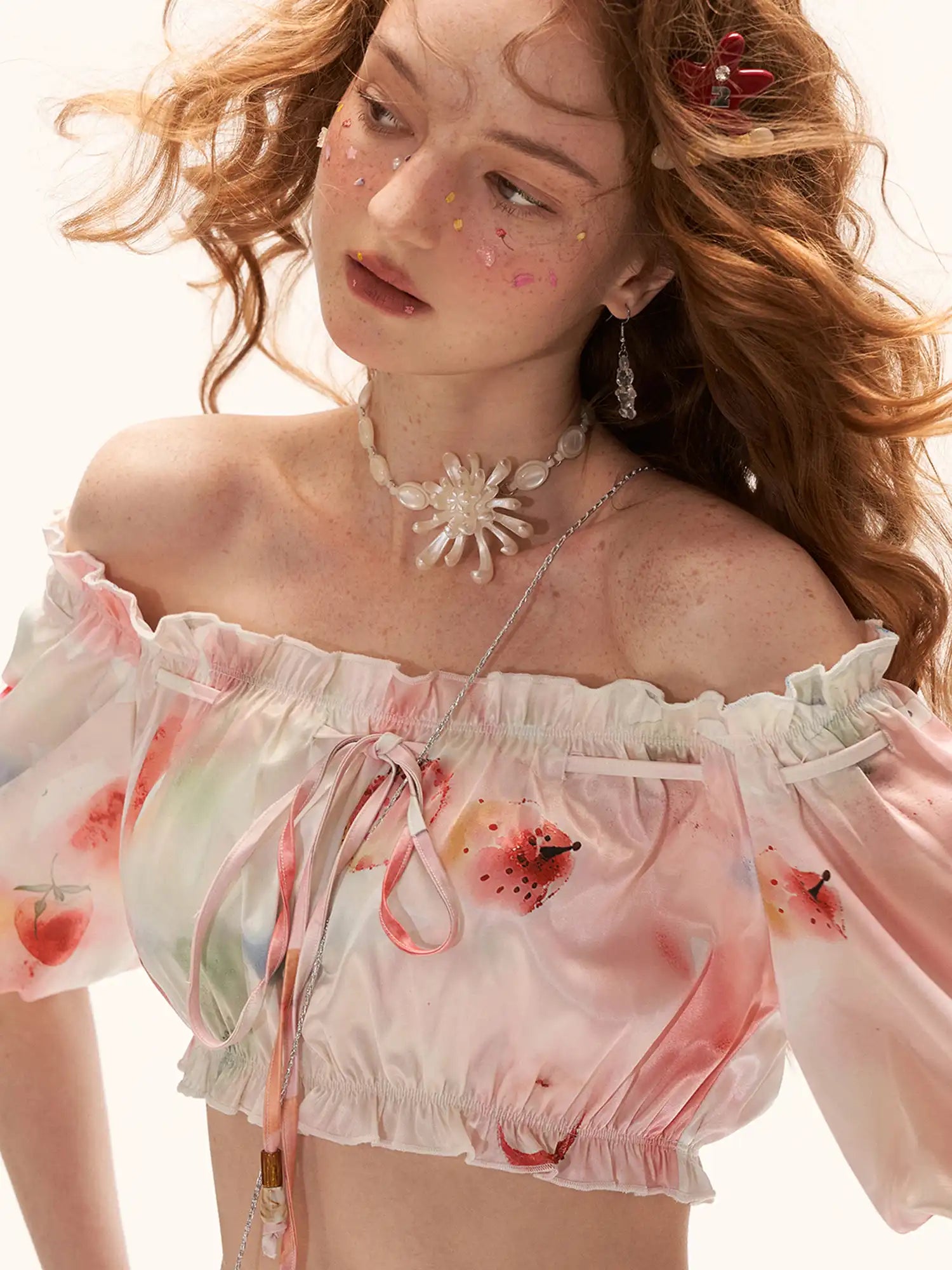 MAMC Y2K Fruity Ruffle Trim Satin Shirred Bardot Top | Canton Collective
