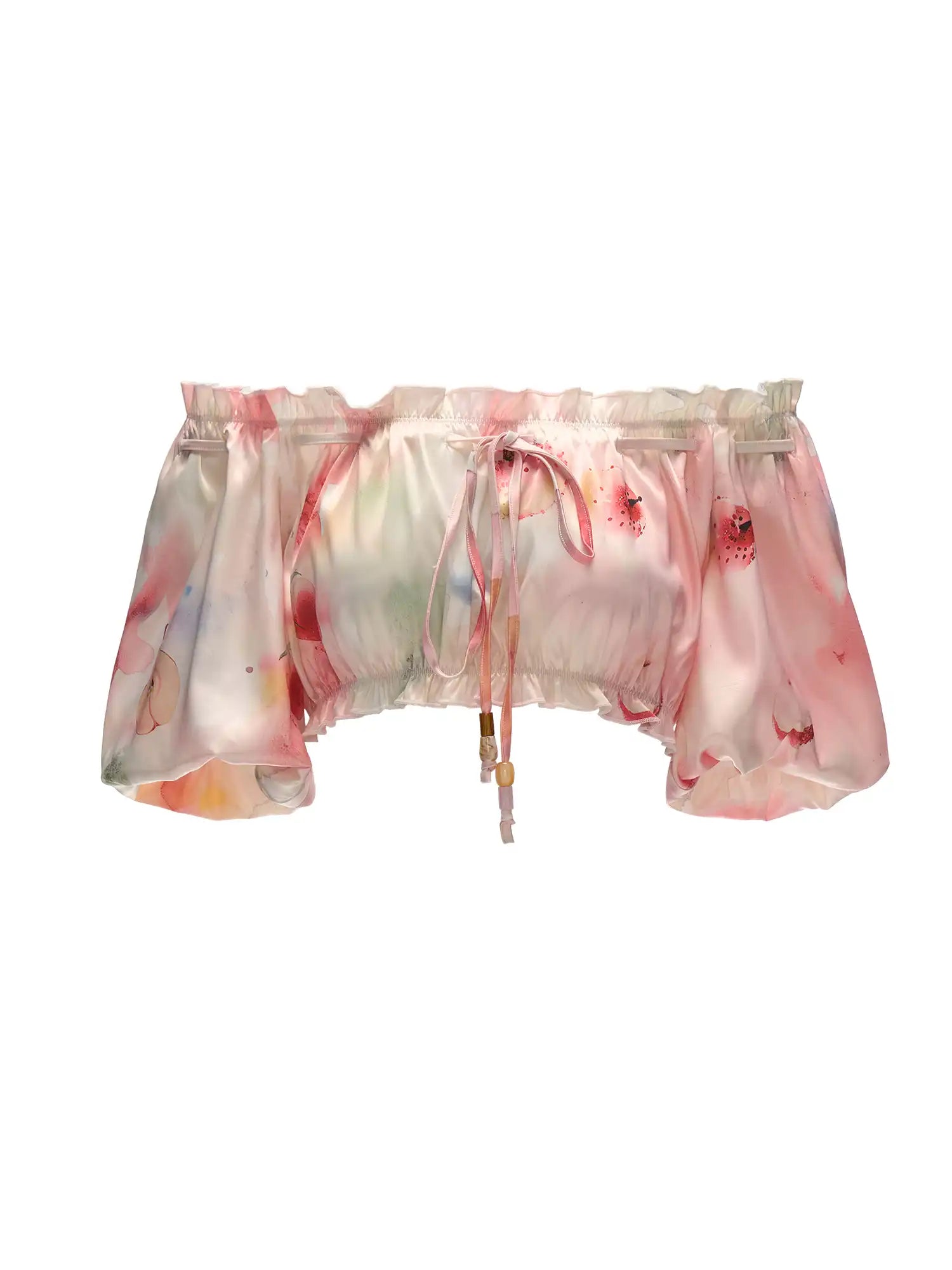MAMC Y2K Fruity Ruffle Trim Satin Shirred Bardot Top | Canton Collective