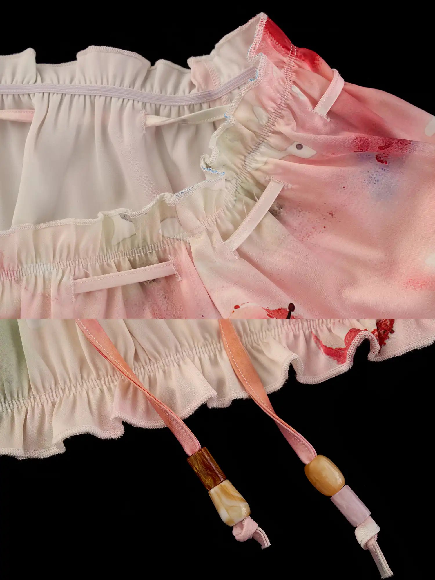 MAMC Y2K Fruity Ruffle Trim Satin Shirred Bardot Top | Canton Collective