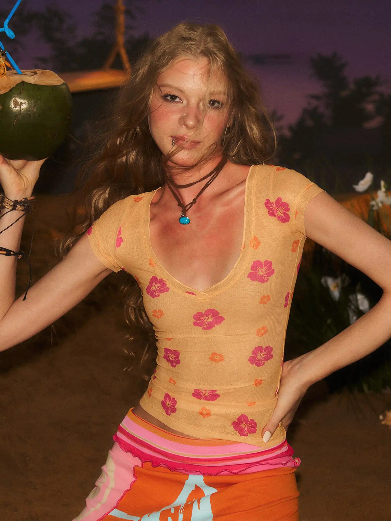 Deleteex Y2K Hibiscus Sheer V Neck Baby Tee | Canton Collective