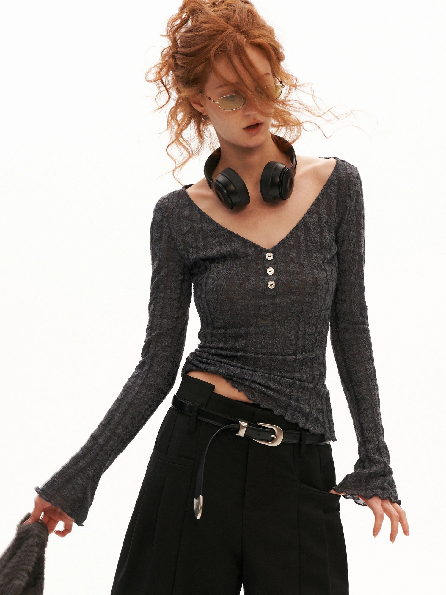 MAMC Y2K Long Sleeve V Neck Button Top | Canton Collective