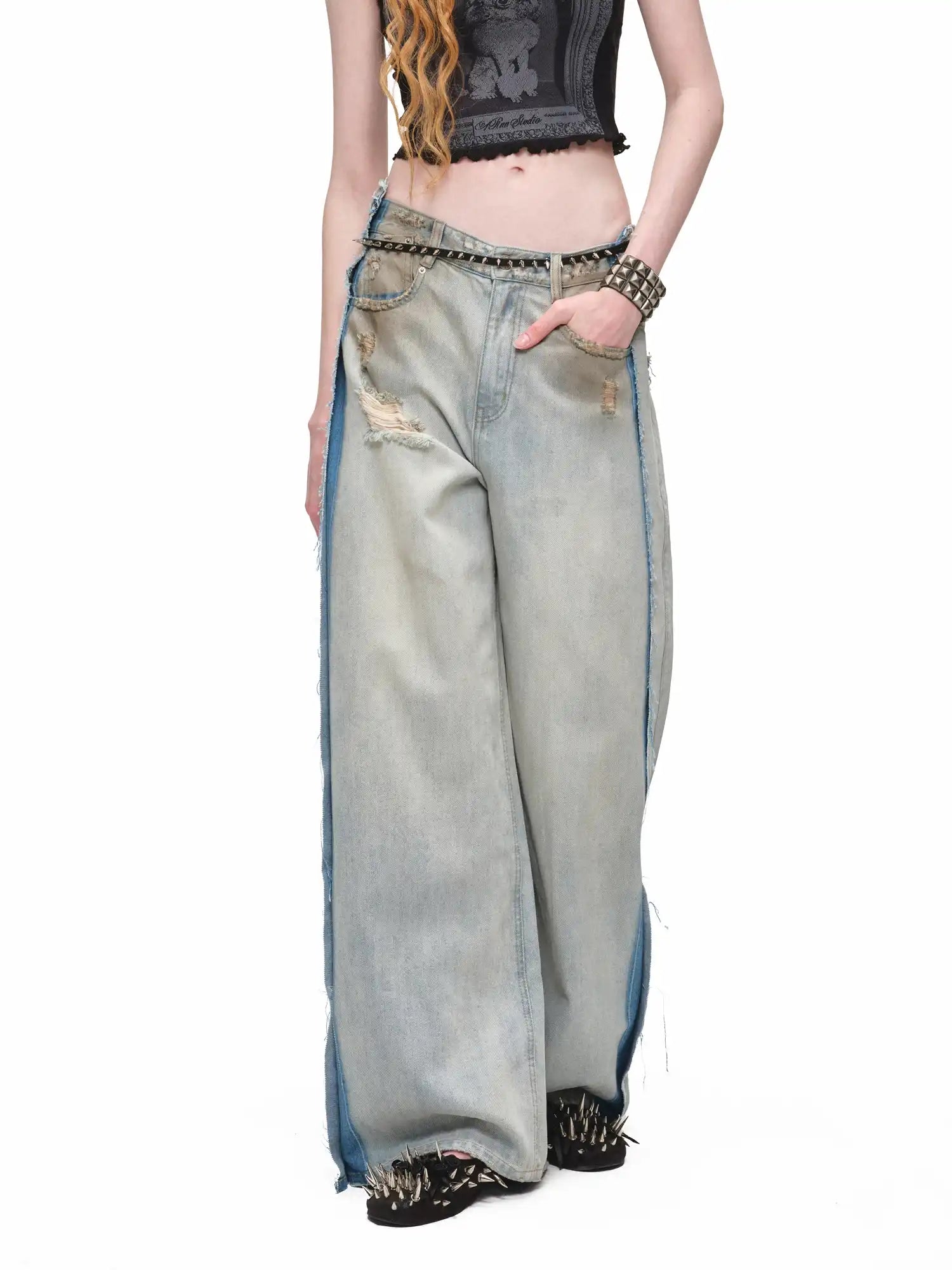 1Jinn Studio Y2K Punk Distressed Embroidered Baggy Jeans | Canton Collective