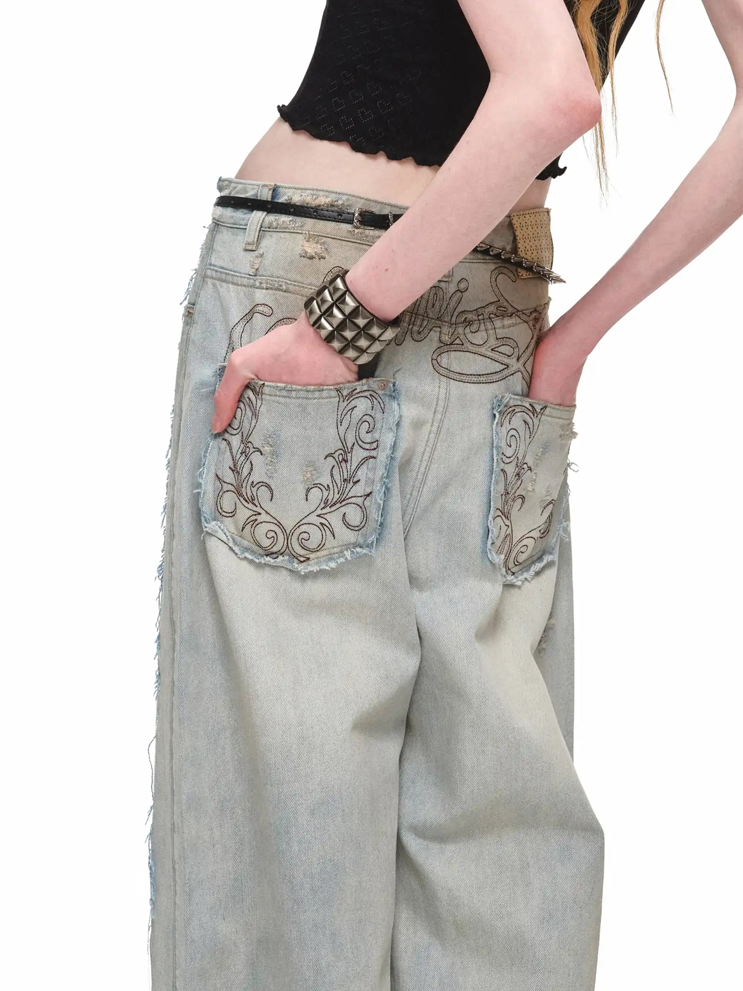 1Jinn Studio Y2K Punk Distressed Embroidered Baggy Jeans | Canton Collective