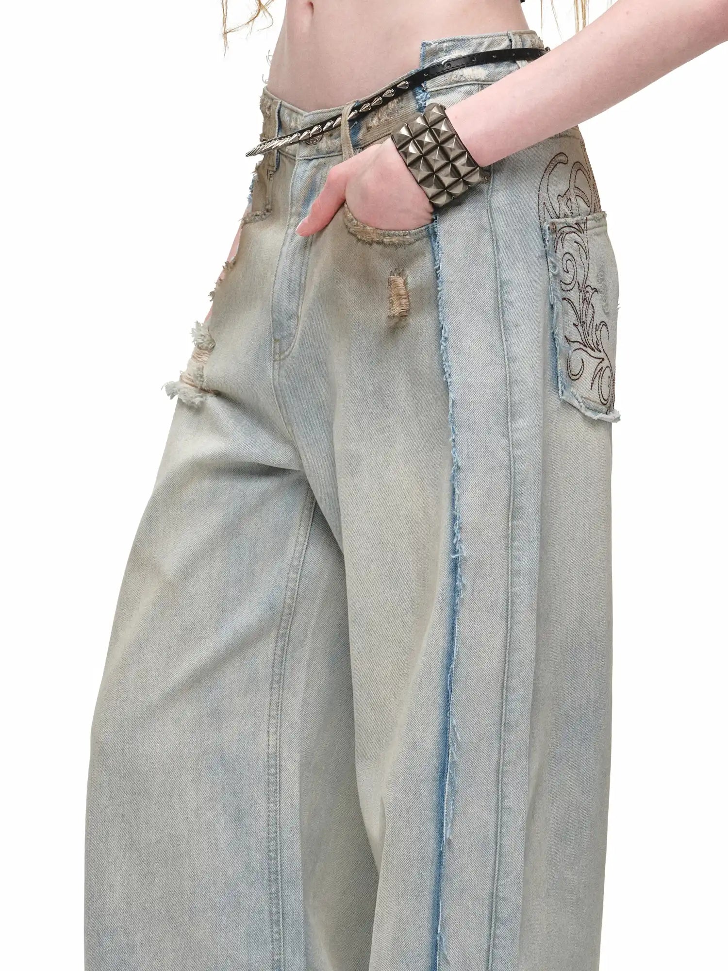 1Jinn Studio Y2K Punk Distressed Embroidered Baggy Jeans | Canton Collective