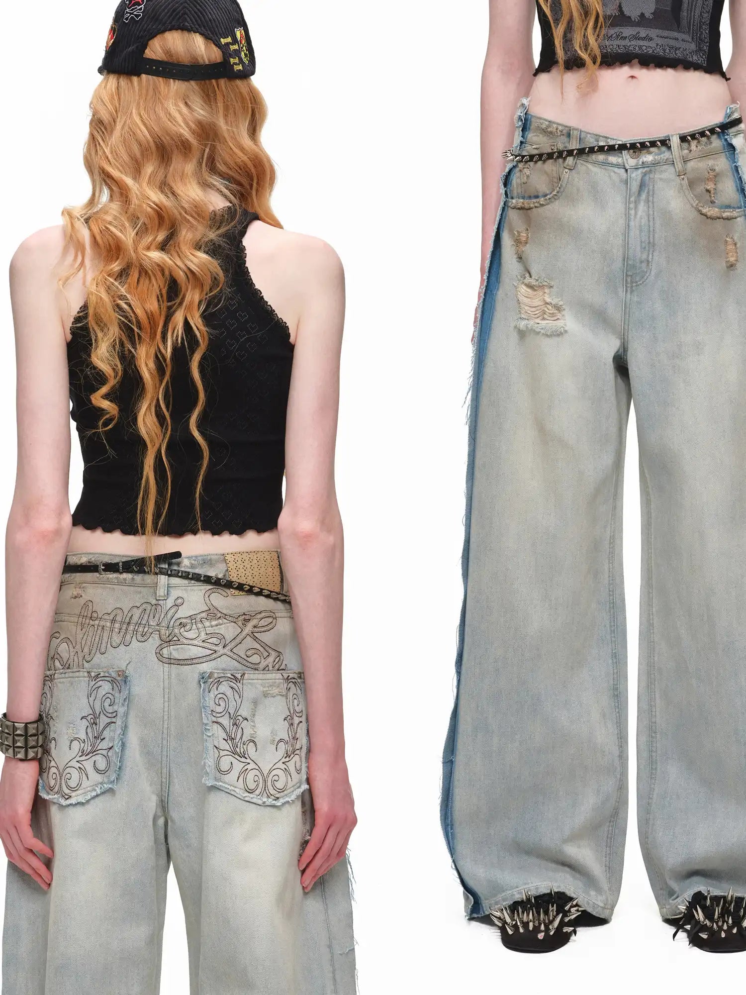 1Jinn Studio Y2K Punk Distressed Embroidered Baggy Jeans | Canton Collective