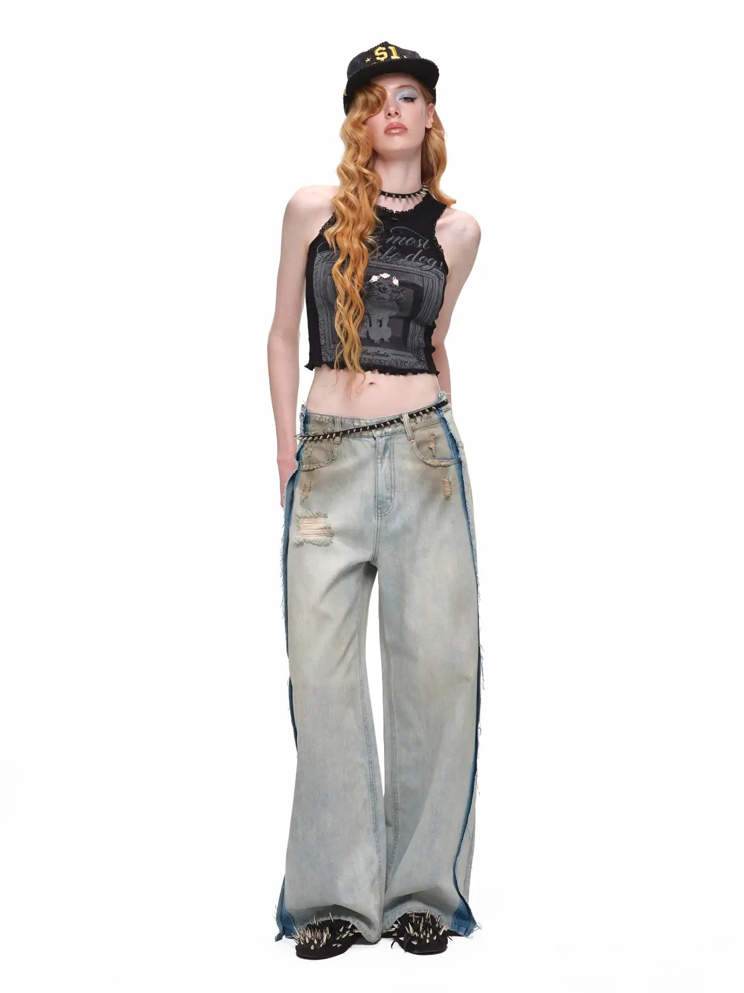 1Jinn Studio Y2K Punk Distressed Embroidered Baggy Jeans | Canton Collective