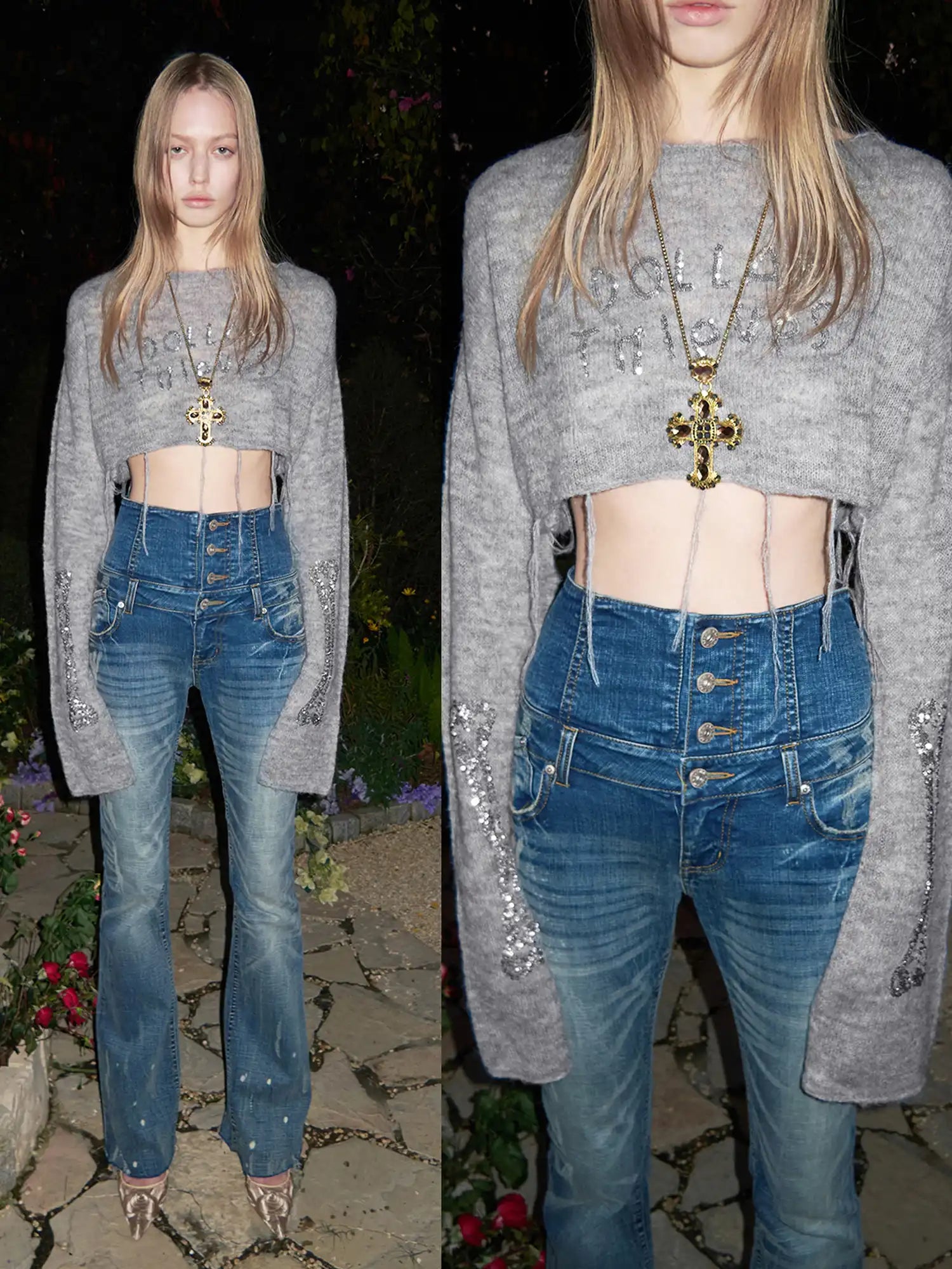 1Jinn Studio Y2K Sheer Sequin Skipper Cropped Sweater | Canton Collective