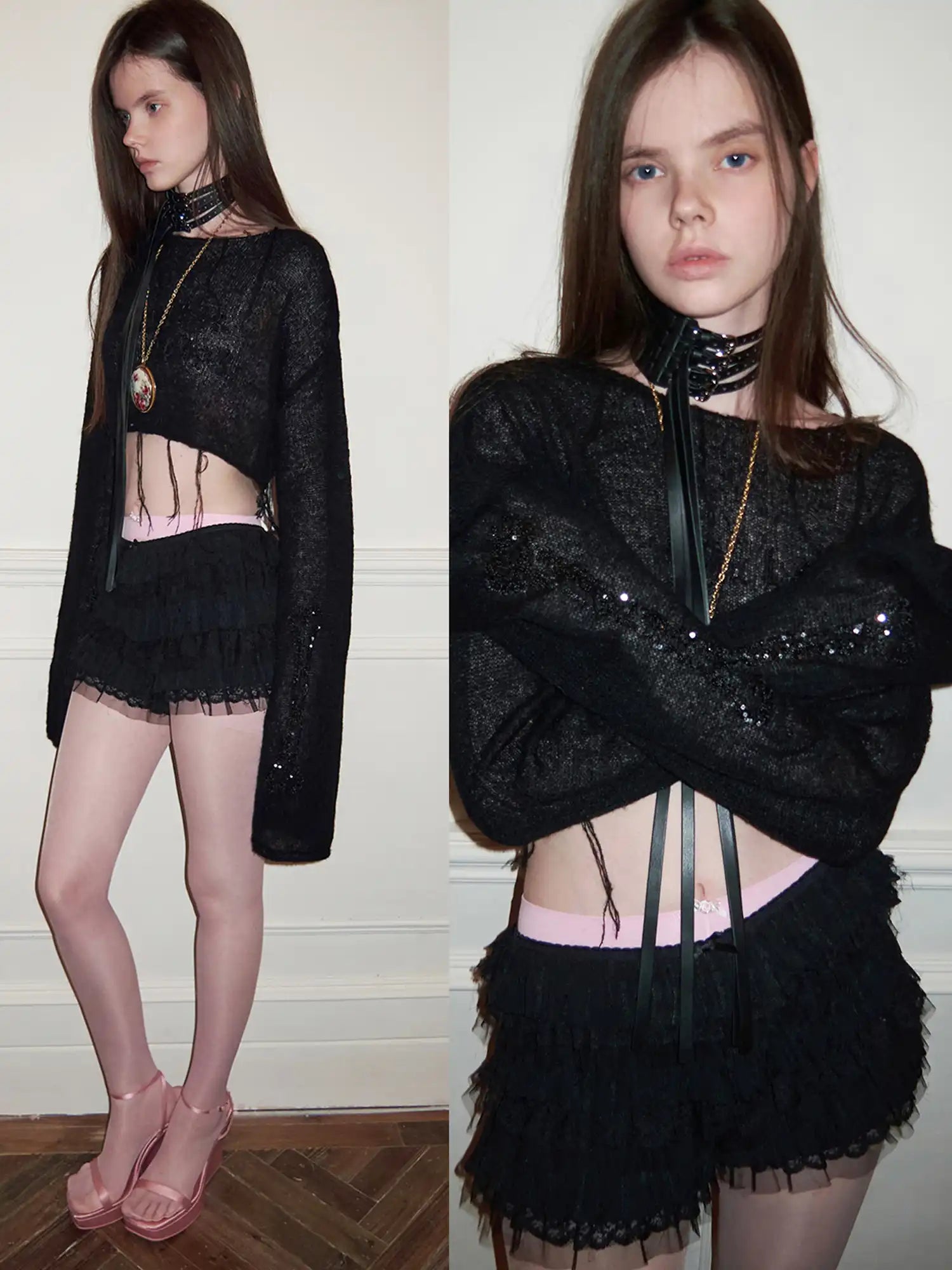 1Jinn Studio Y2K Sheer Sequin Skipper Cropped Sweater | Canton Collective