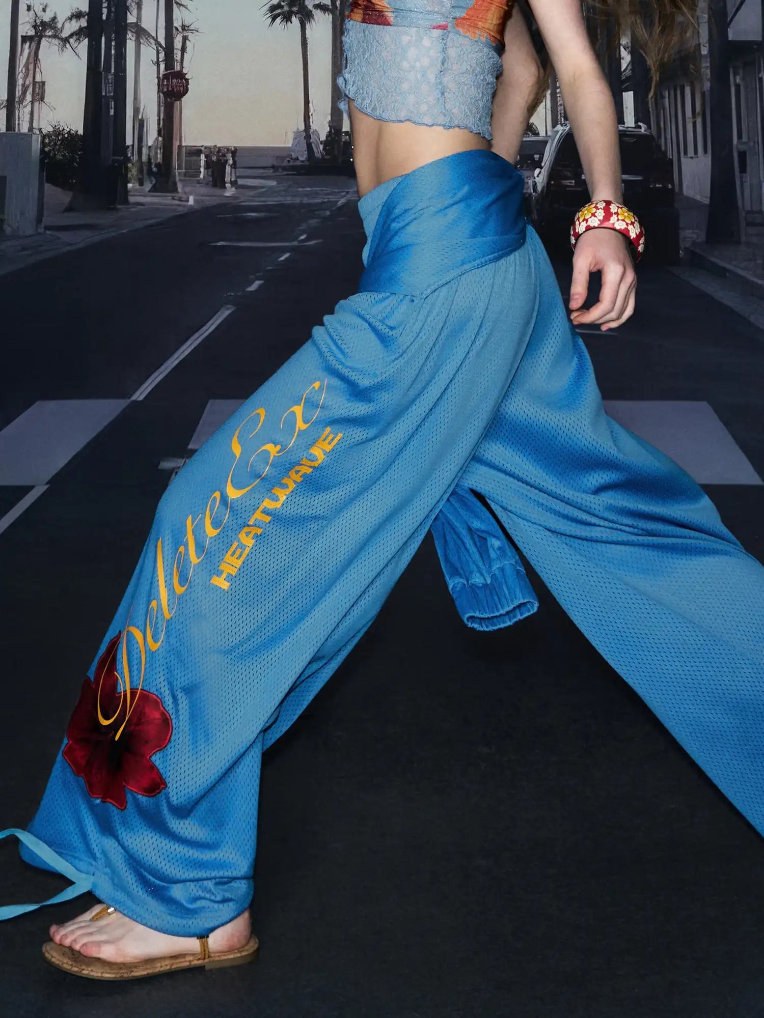 Deleteex Y2K Tie Waist Blue Beach Wide Leg Pants | Canton Collective