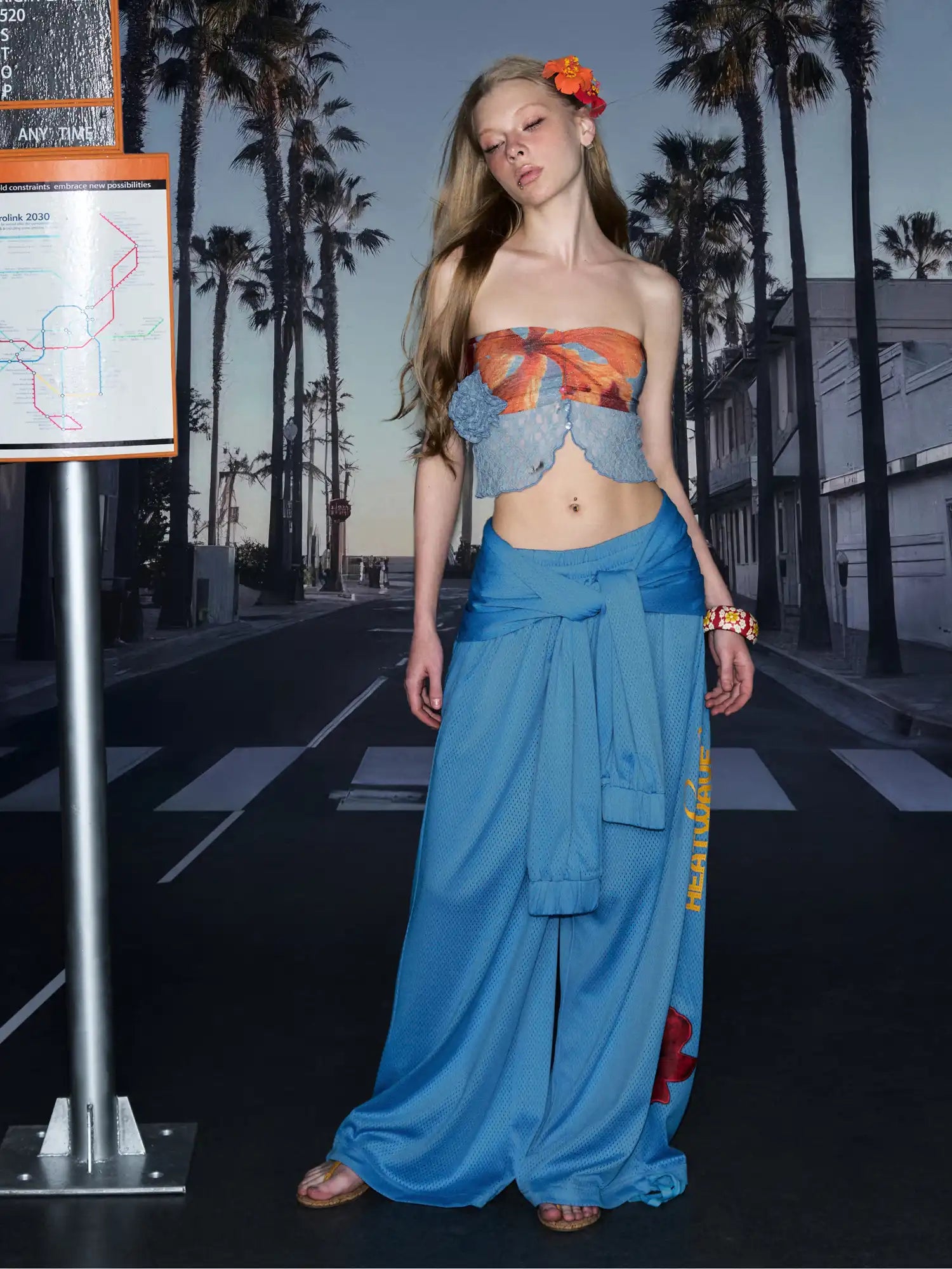 Deleteex Y2K Tie Waist Blue Beach Wide Leg Pants | Canton Collective