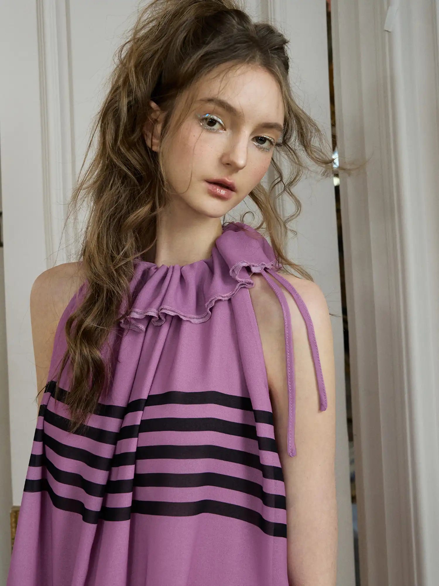 Deleteex Y2K Vibe Striped Violet Chiffon Mini Dress With Drawstring Waist | Canton Collective