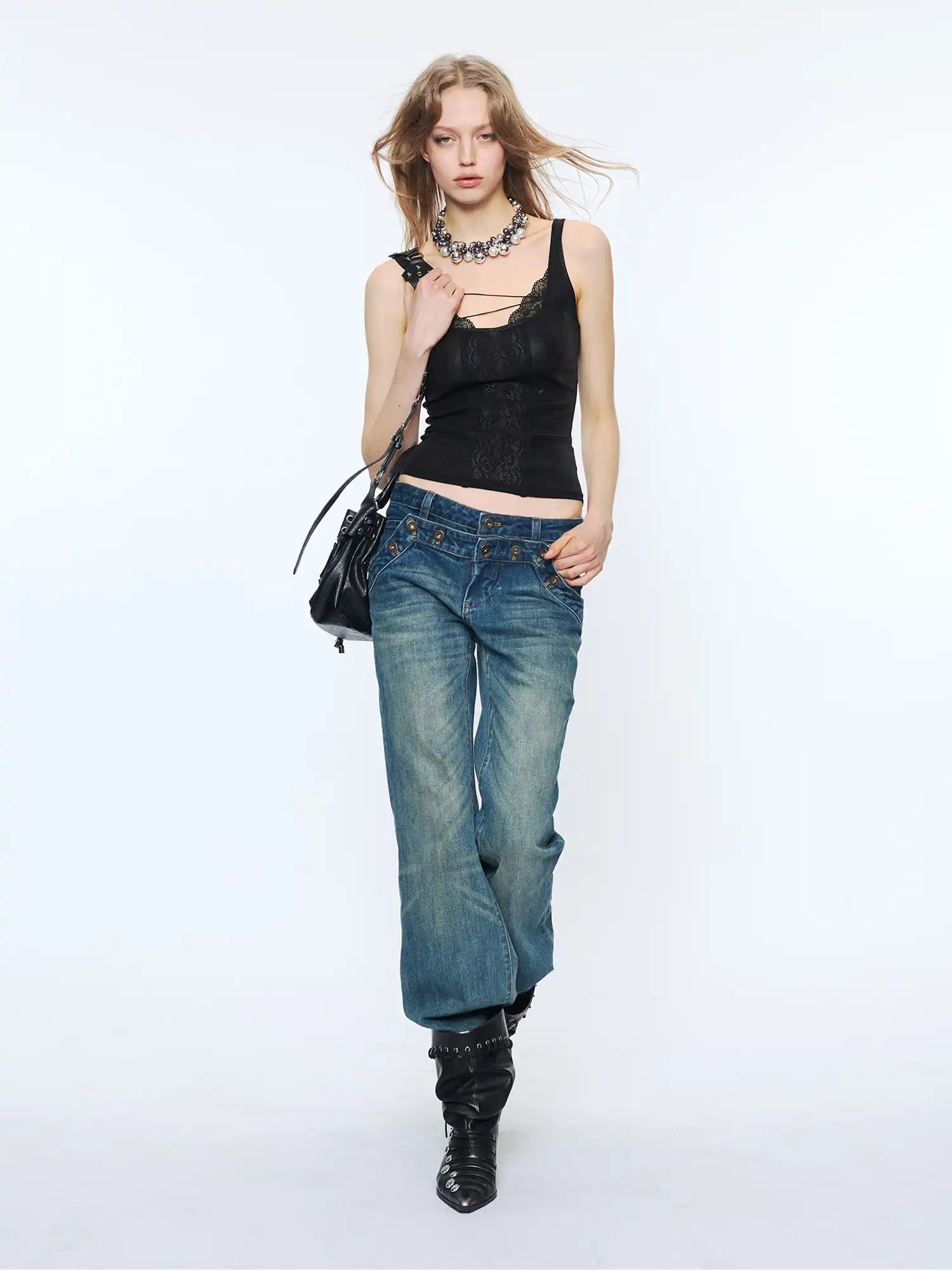 2th Desire Y2K Vintage Double Waistband Button Denim Bootcut Jeans | Canton Collective