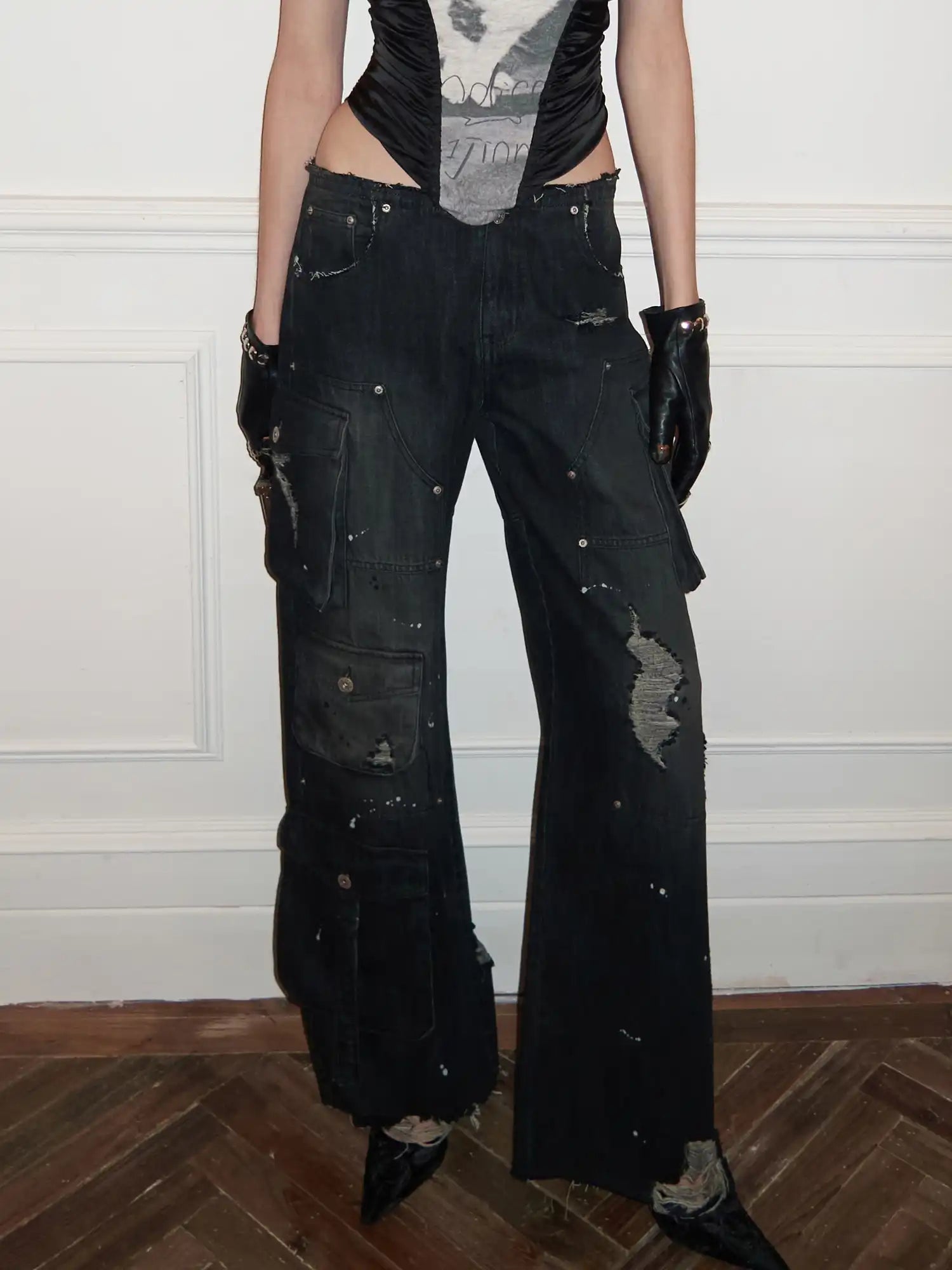 1Jinn Studio Y2k Ripped Paint Splatter Multi Pocket Jeans | Canton Collective