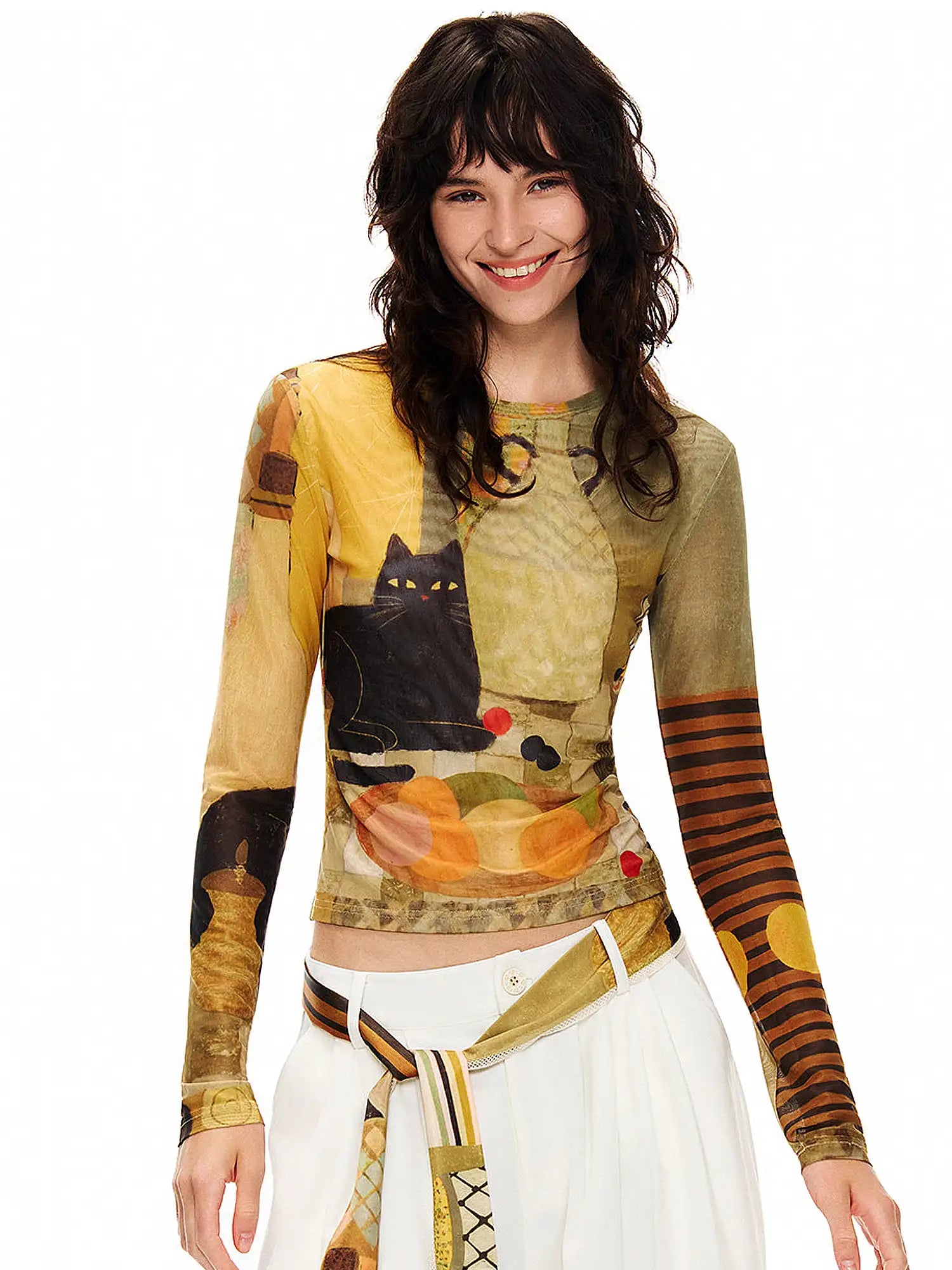Outtheblue Whimsical Cat Long-Sleeve Fitted Crop Top | Canton Collective
