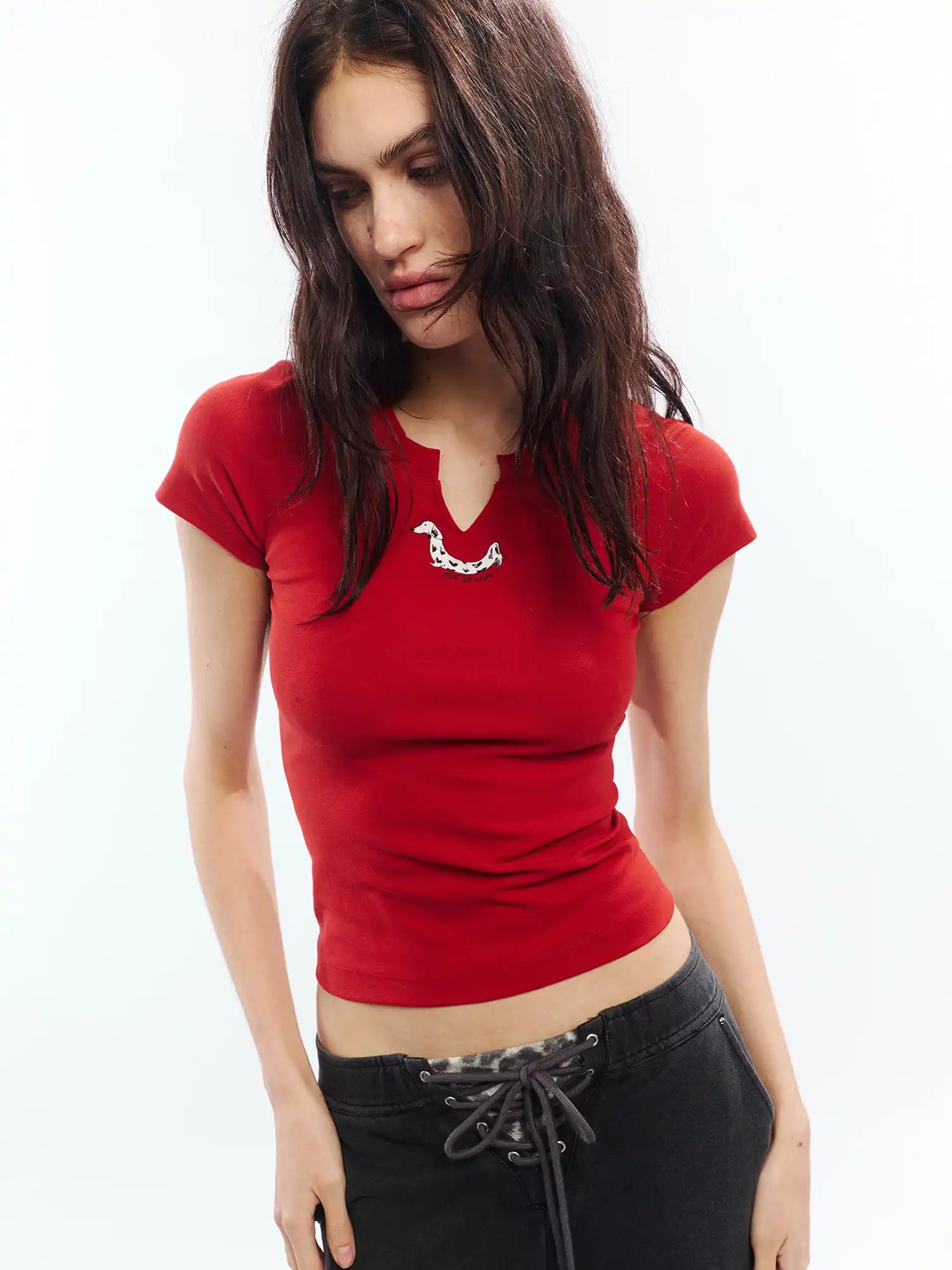 2th Desire Dalmatian Graphic Notched V Neck Crop Top | Canton Collective