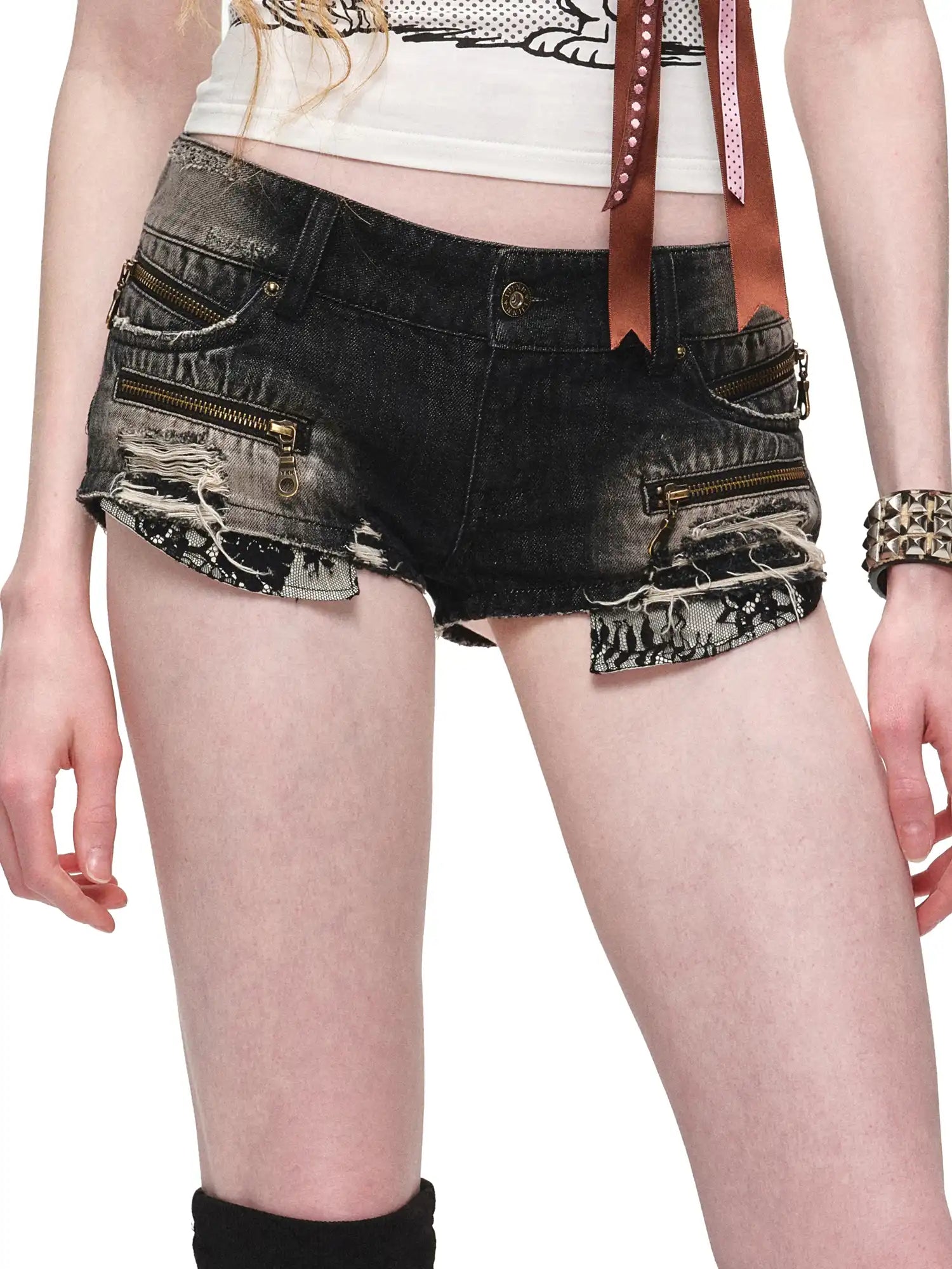 Y2K Punk Lace Trim Black Mini Denim Shorts