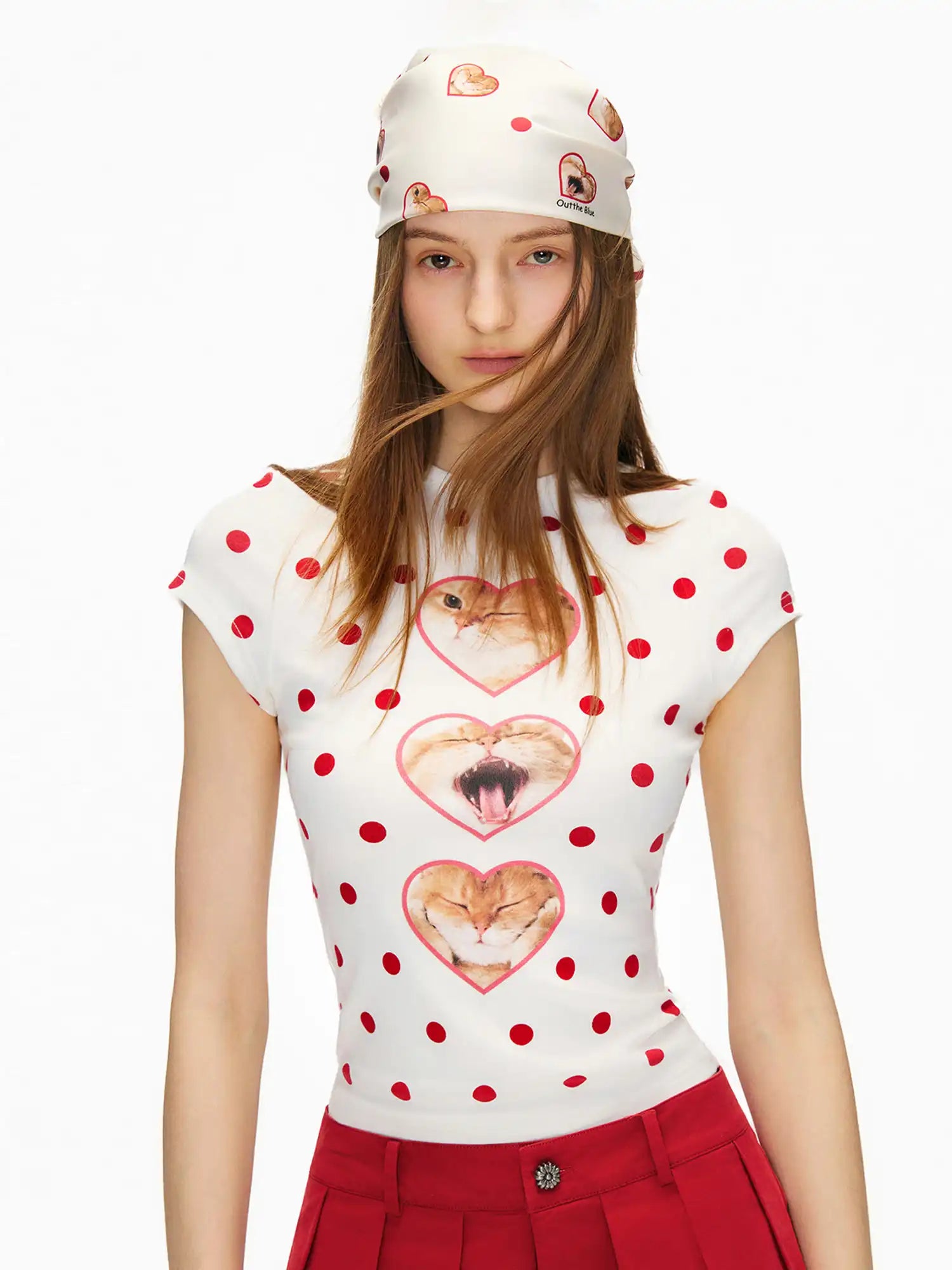 Polka Dot Cat Heart Crew Neck Tee