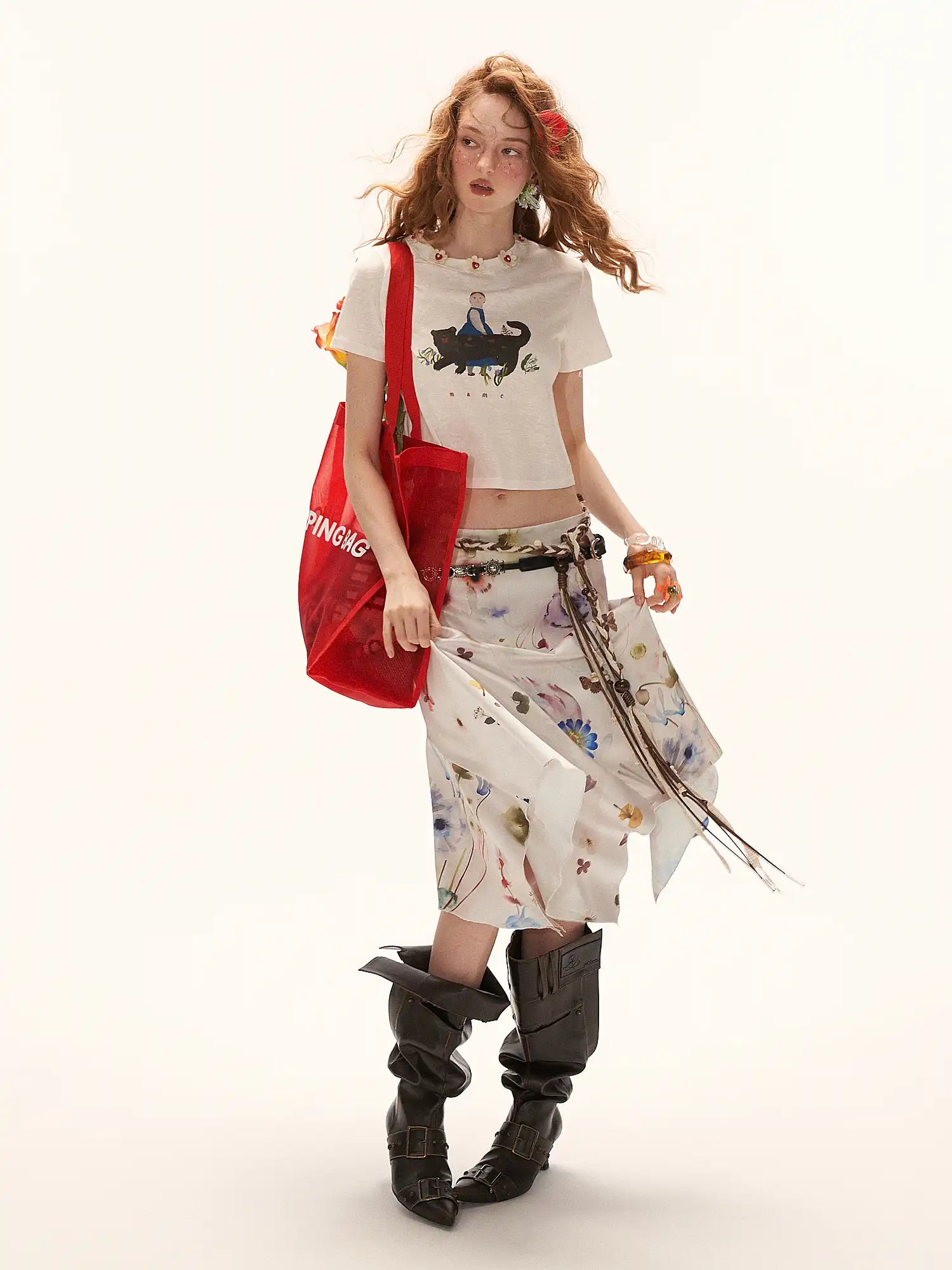 Floral Buttons Collar Cropped Tee