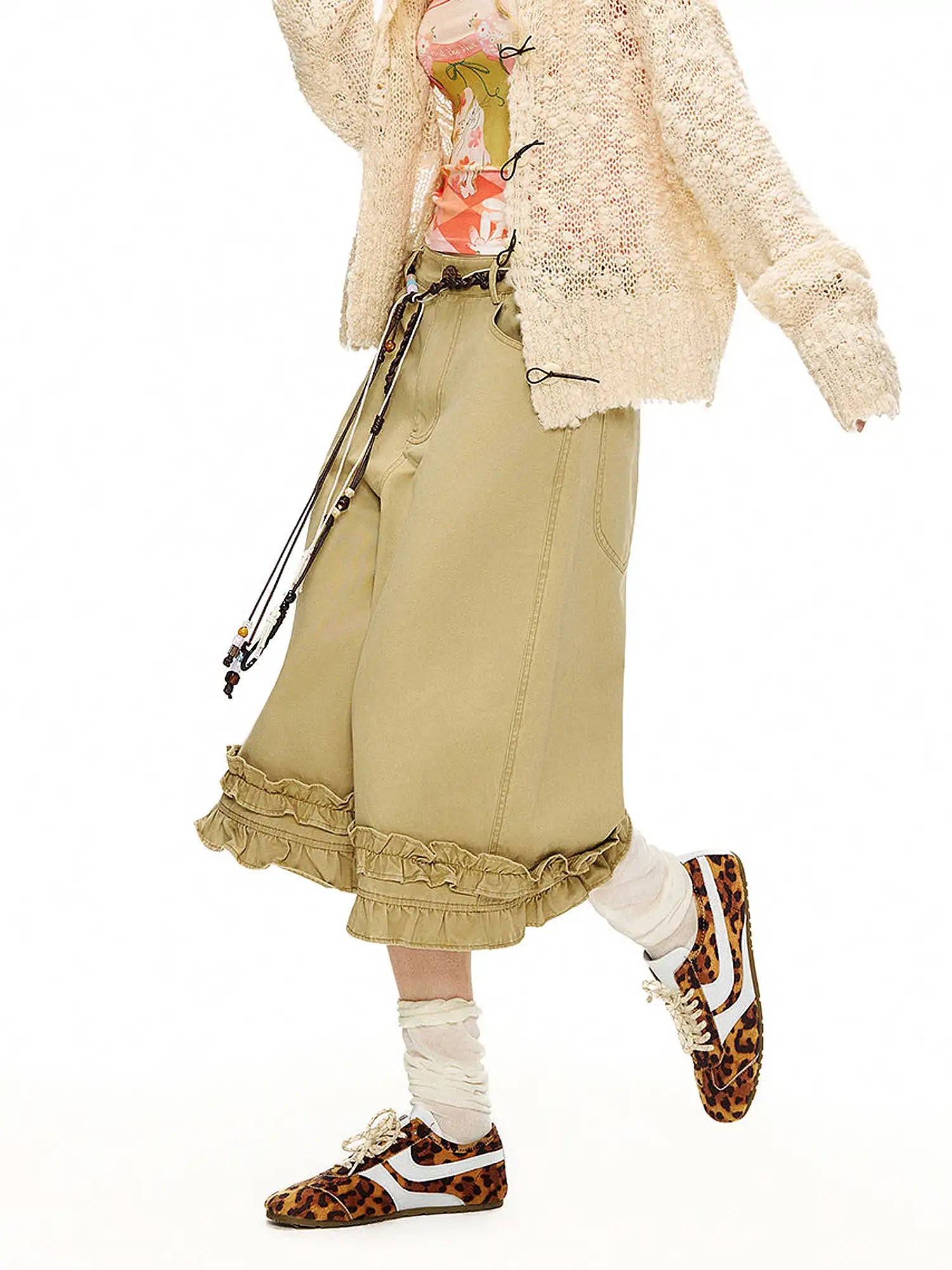 Ruffle Hem Khaki Wide-Leg Cropped Pants