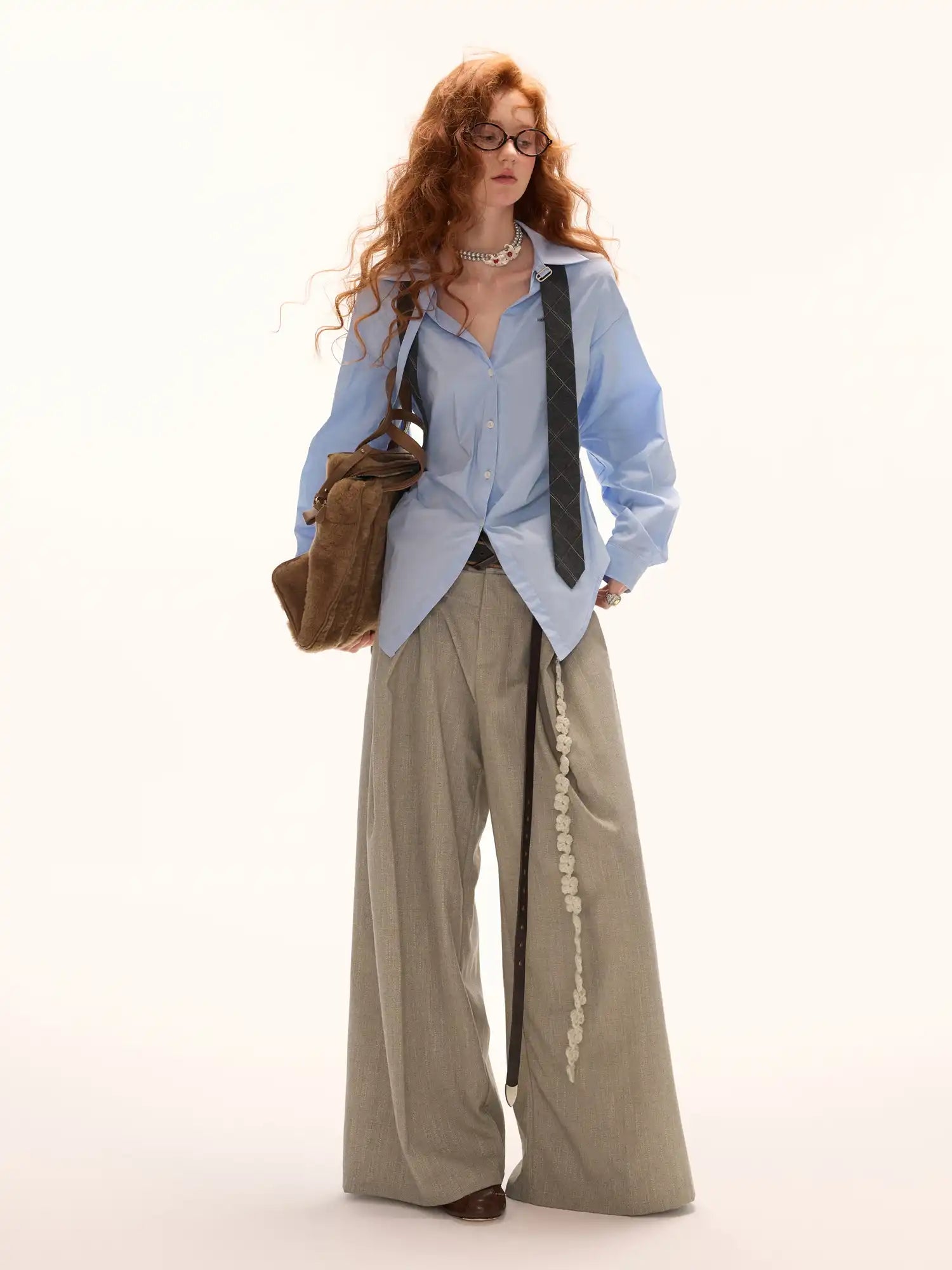 Double-Waisted Glen Check Wide-Leg Trousers