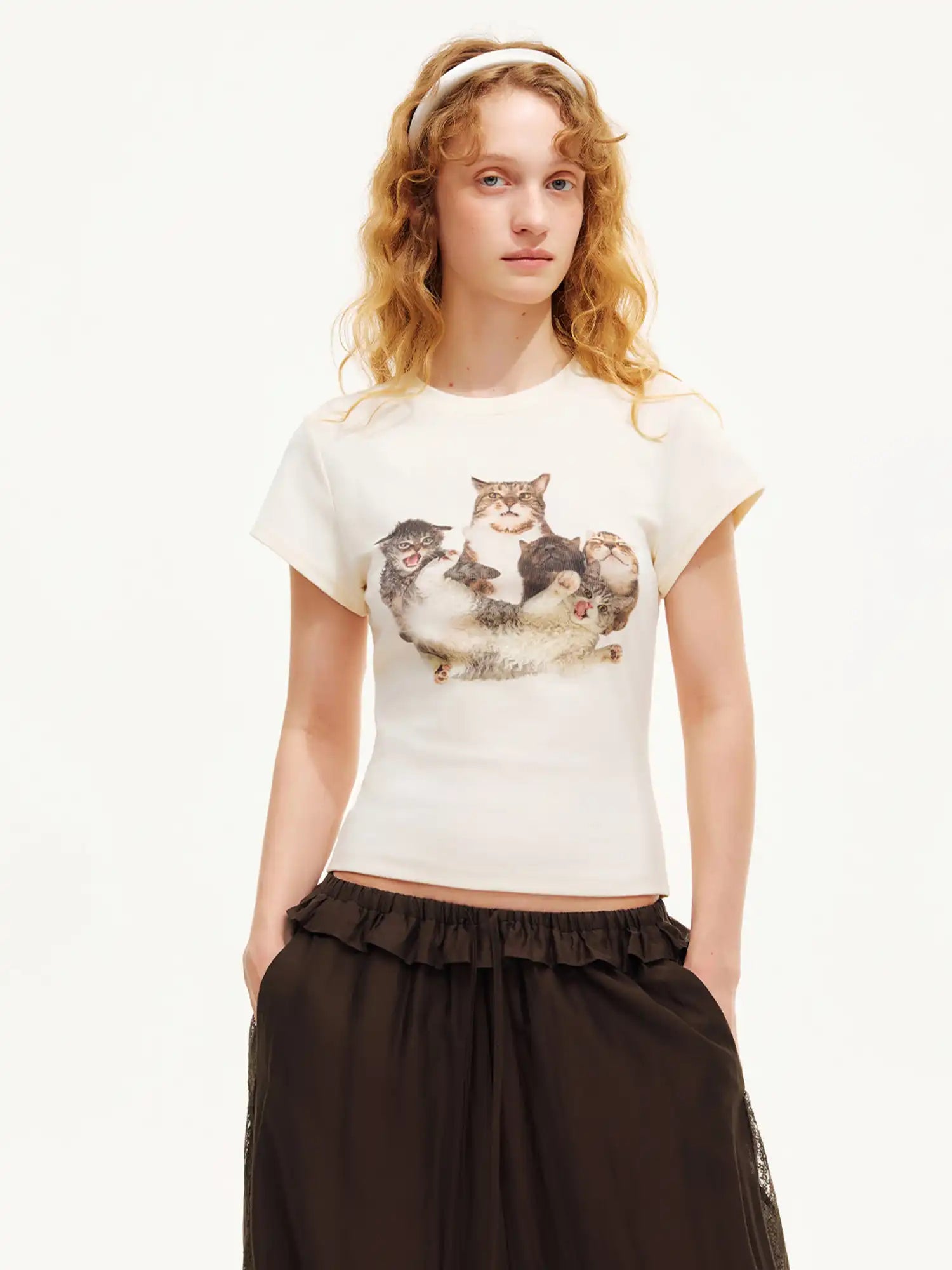Outtheblue Playful Cat Print Cotton Jersey Cropped Tee | Canton Collective