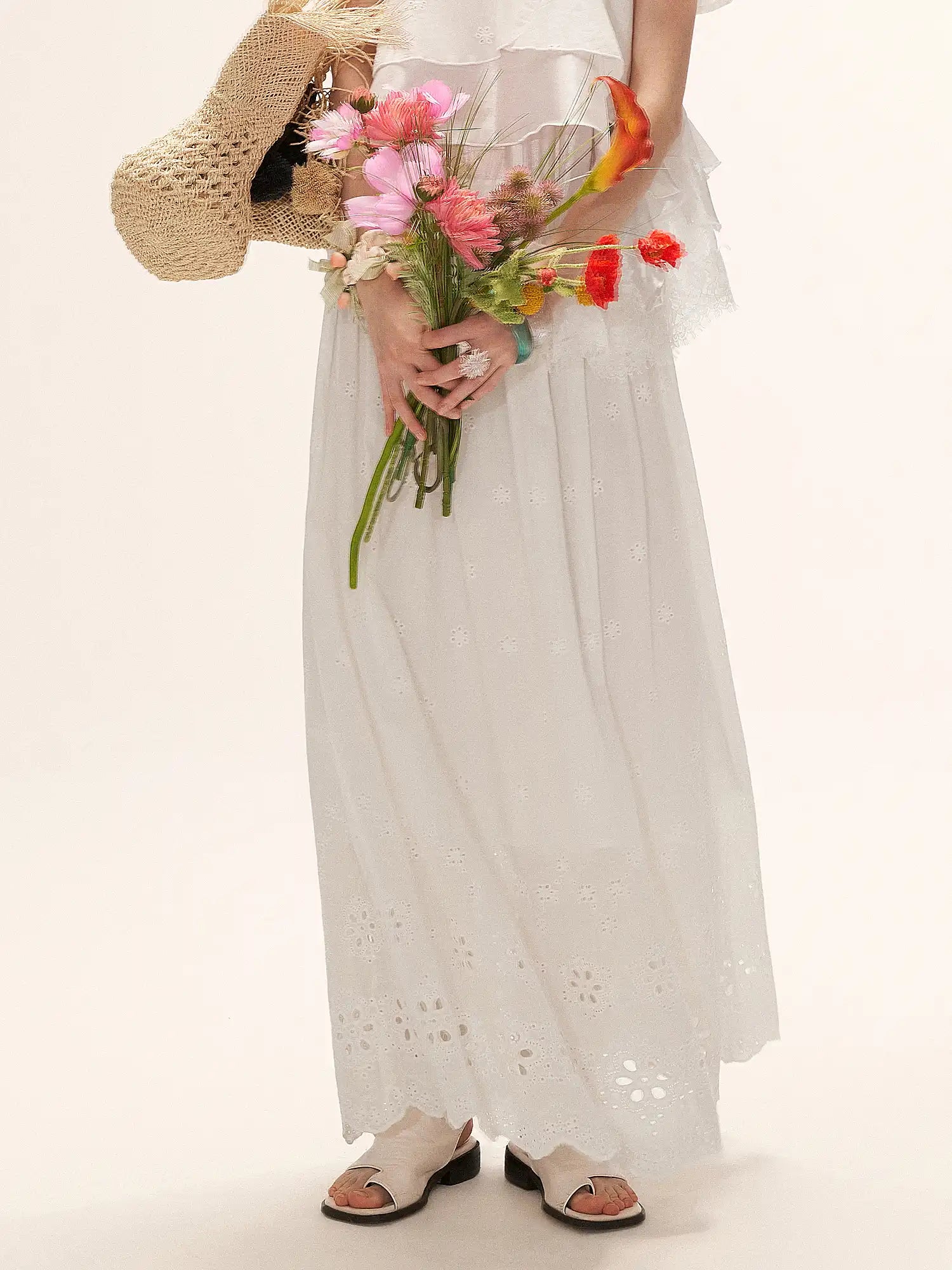 Ruffle Hem Crochet Midi Skirt with Elastic Waist