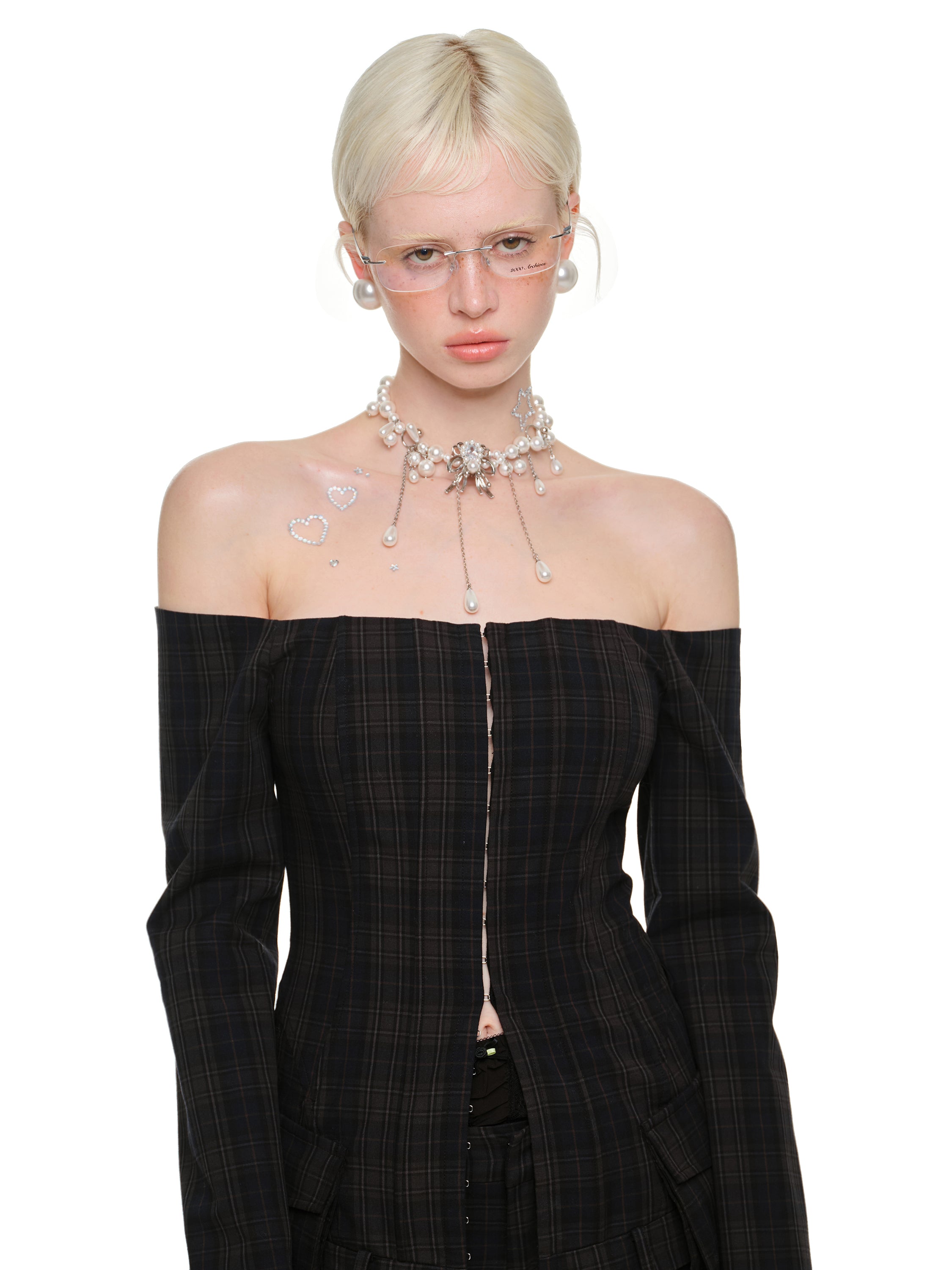 Shoulder-Baring Plaid Blazer