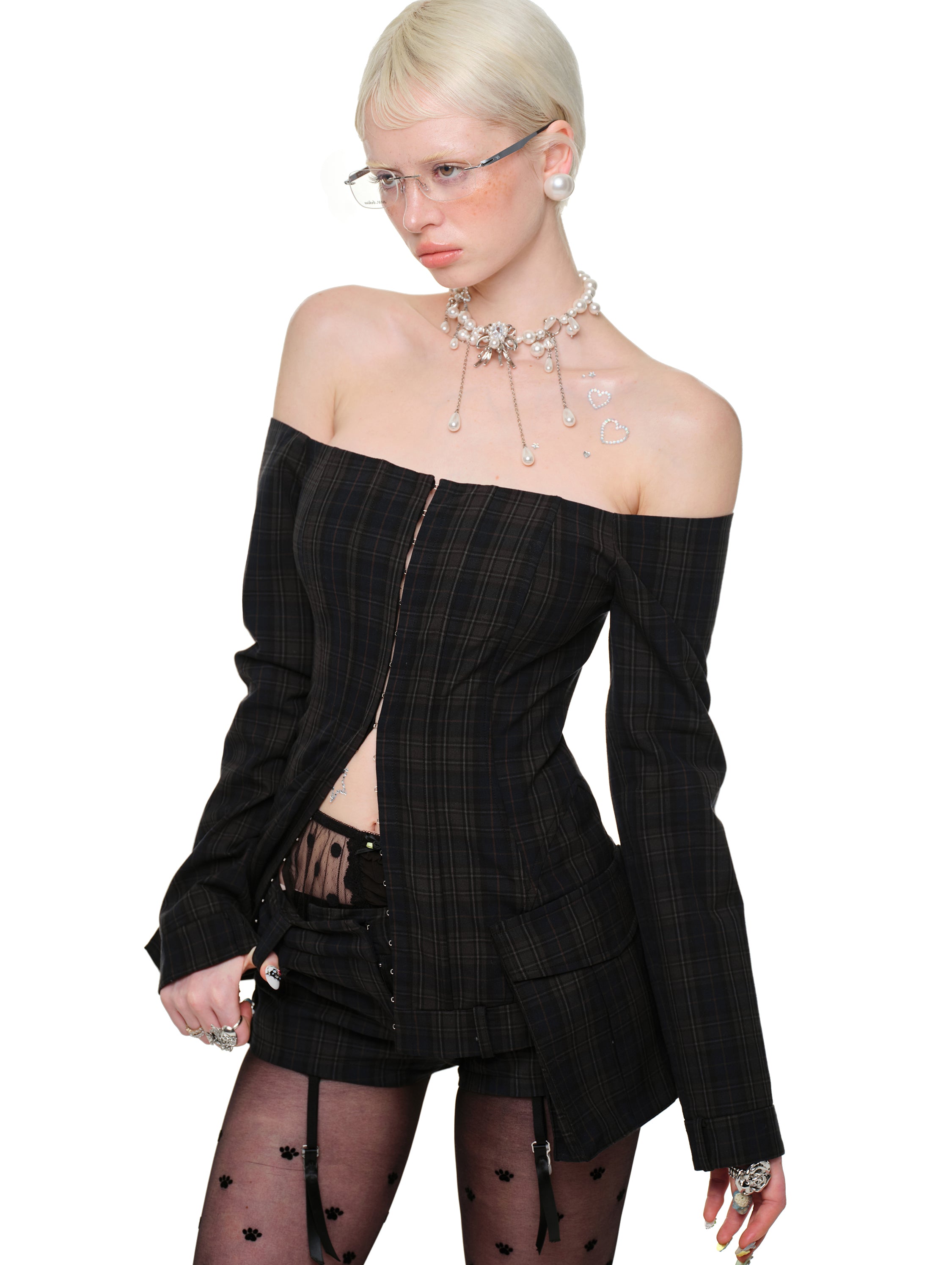 Shoulder-Baring Plaid Blazer