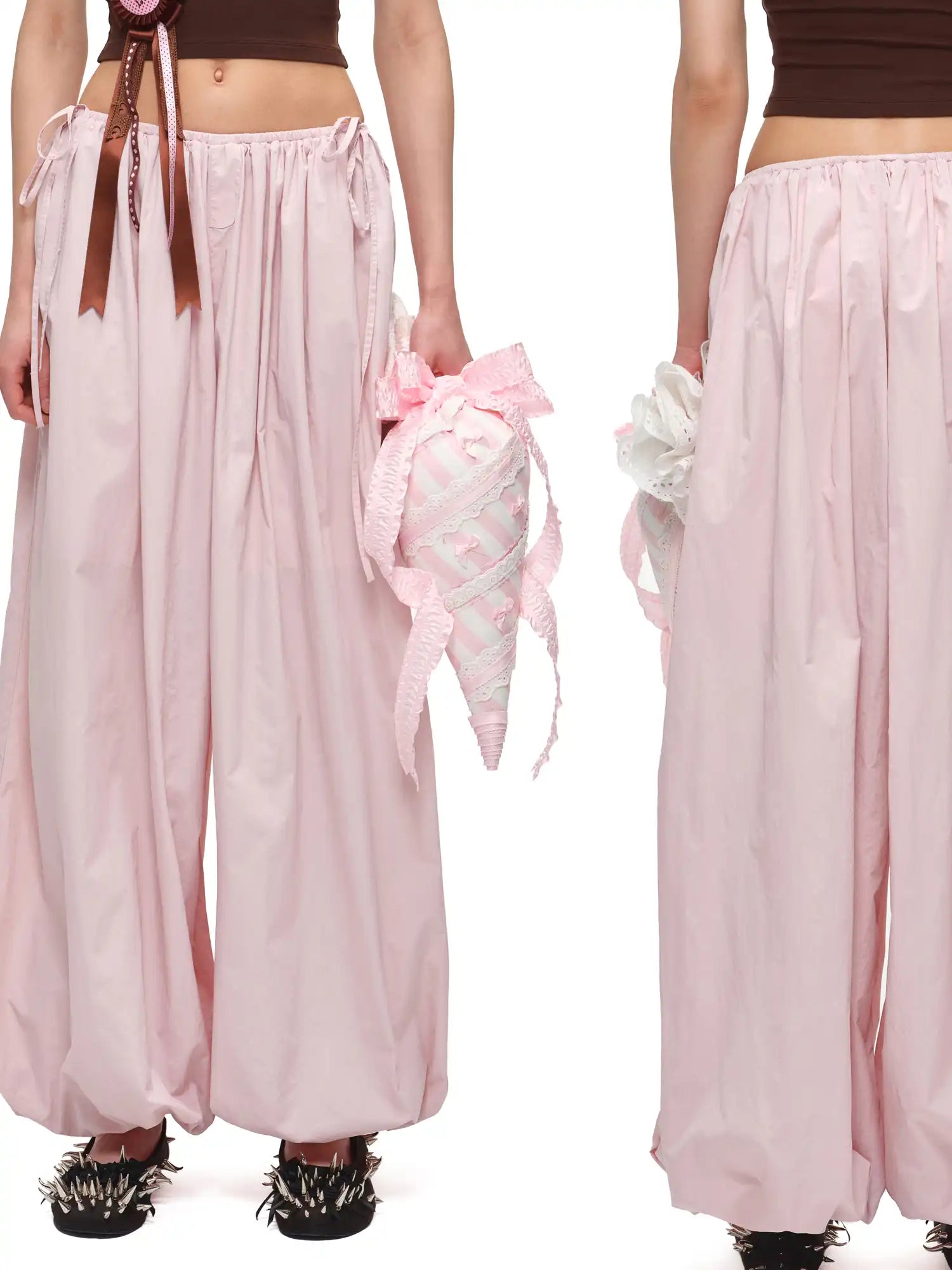Bow Tie Pleated Tapered Nylon Track Pants