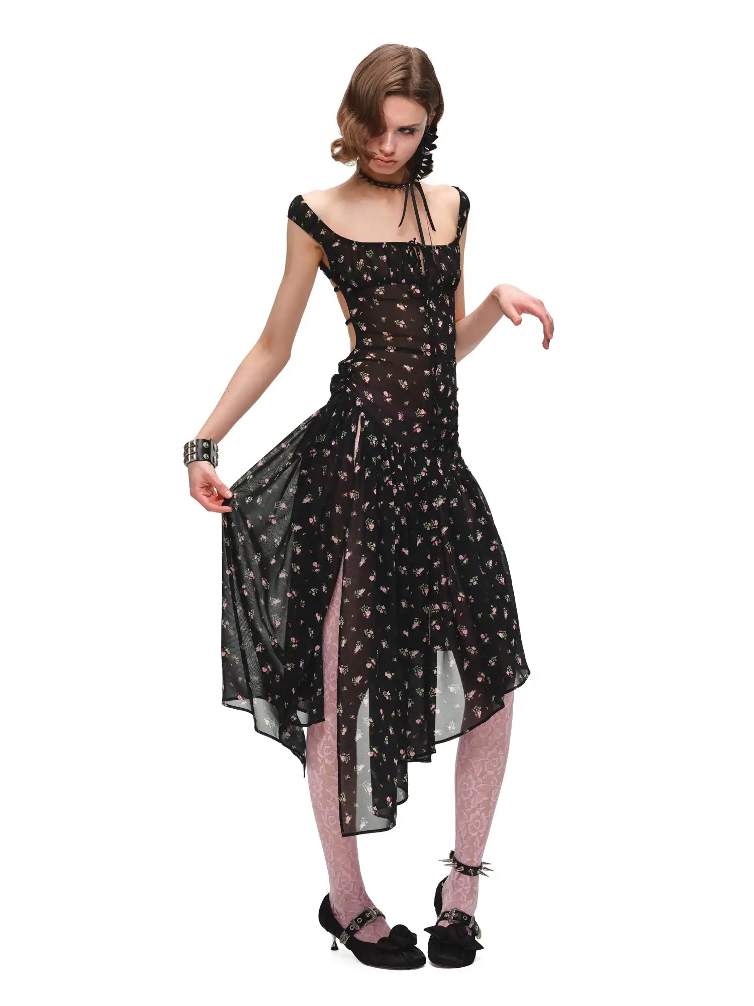 Semi-Sheer Open Back Black Floral Midi Dress