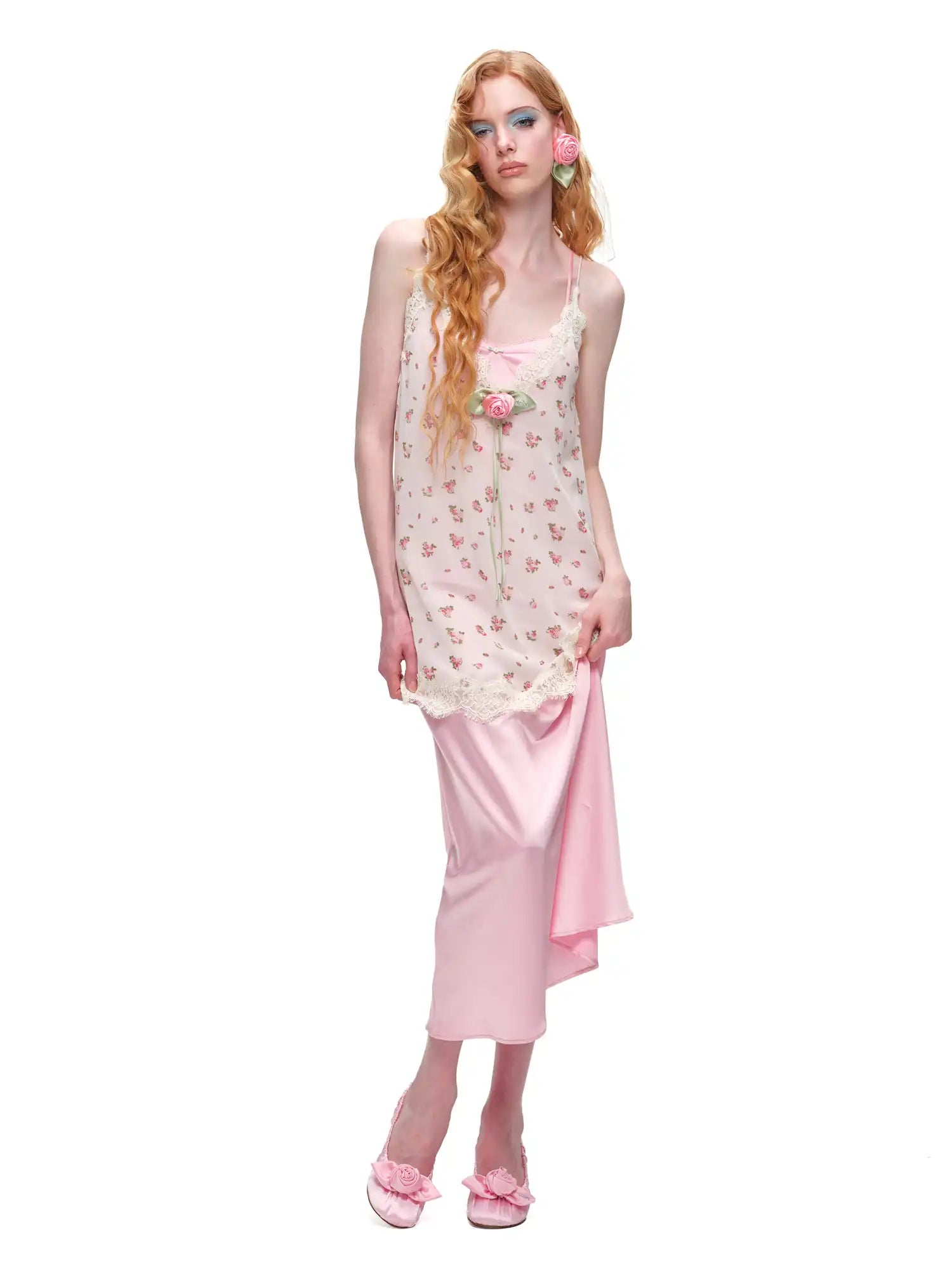 Two Piece Lace Trim Satin Midi Slip Dress