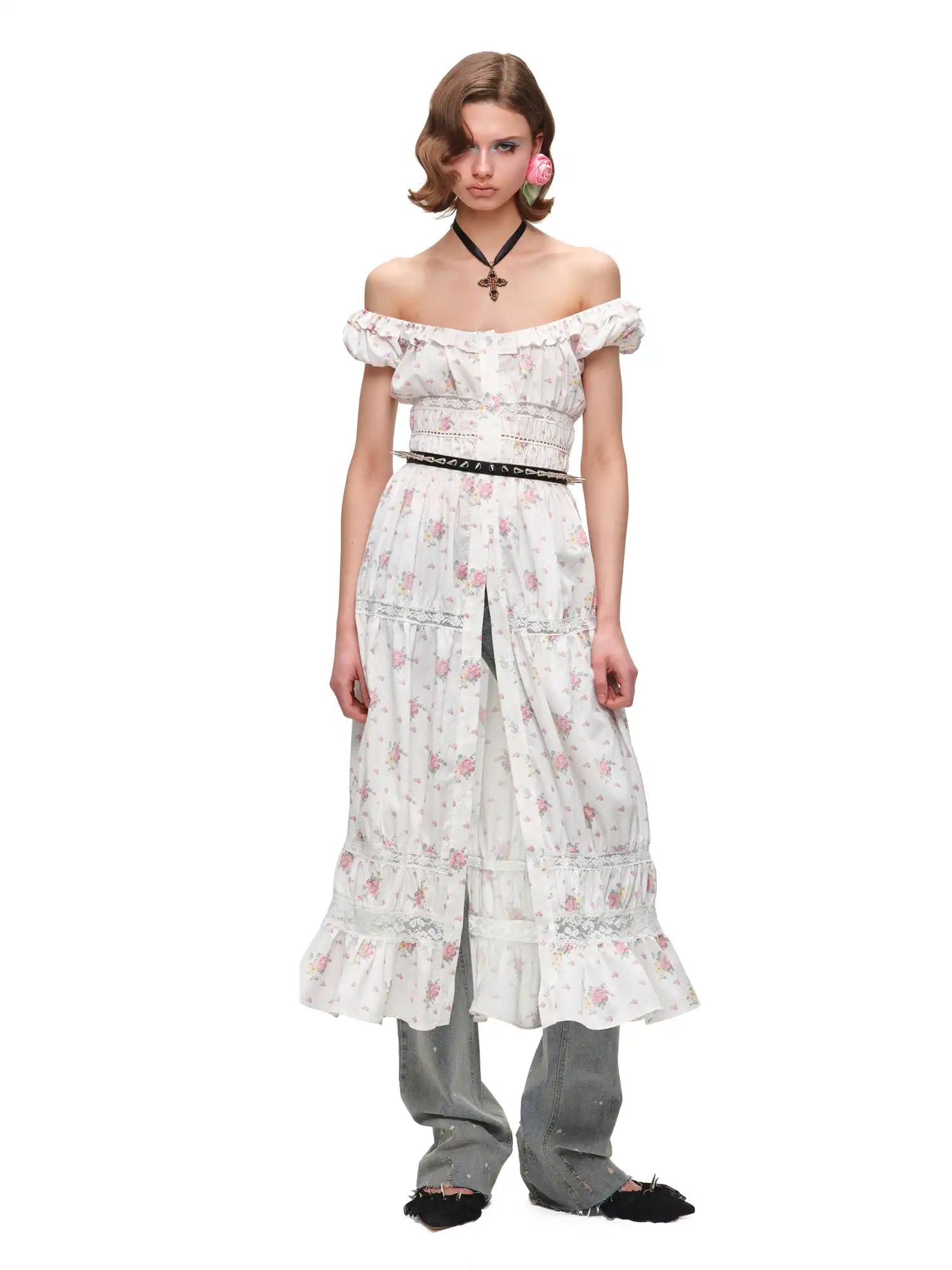 Button Up Off Shoulder Floral Midi Dress