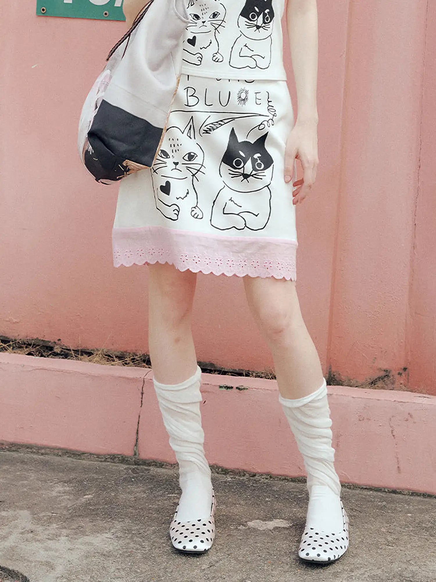 Pink Eyelet Cat Print A-Line Mini Skirt