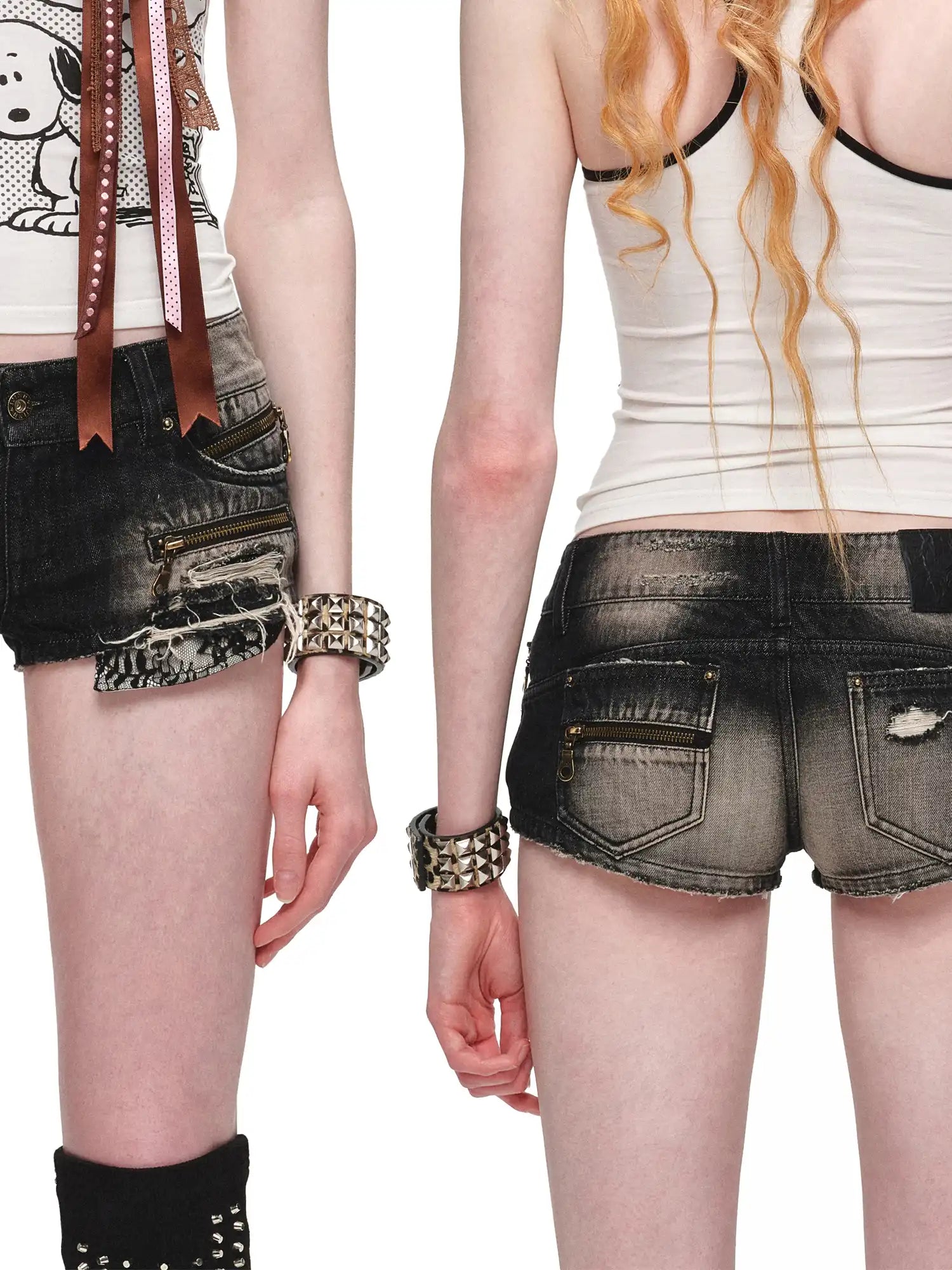 Y2K Punk Lace Trim Black Mini Denim Shorts