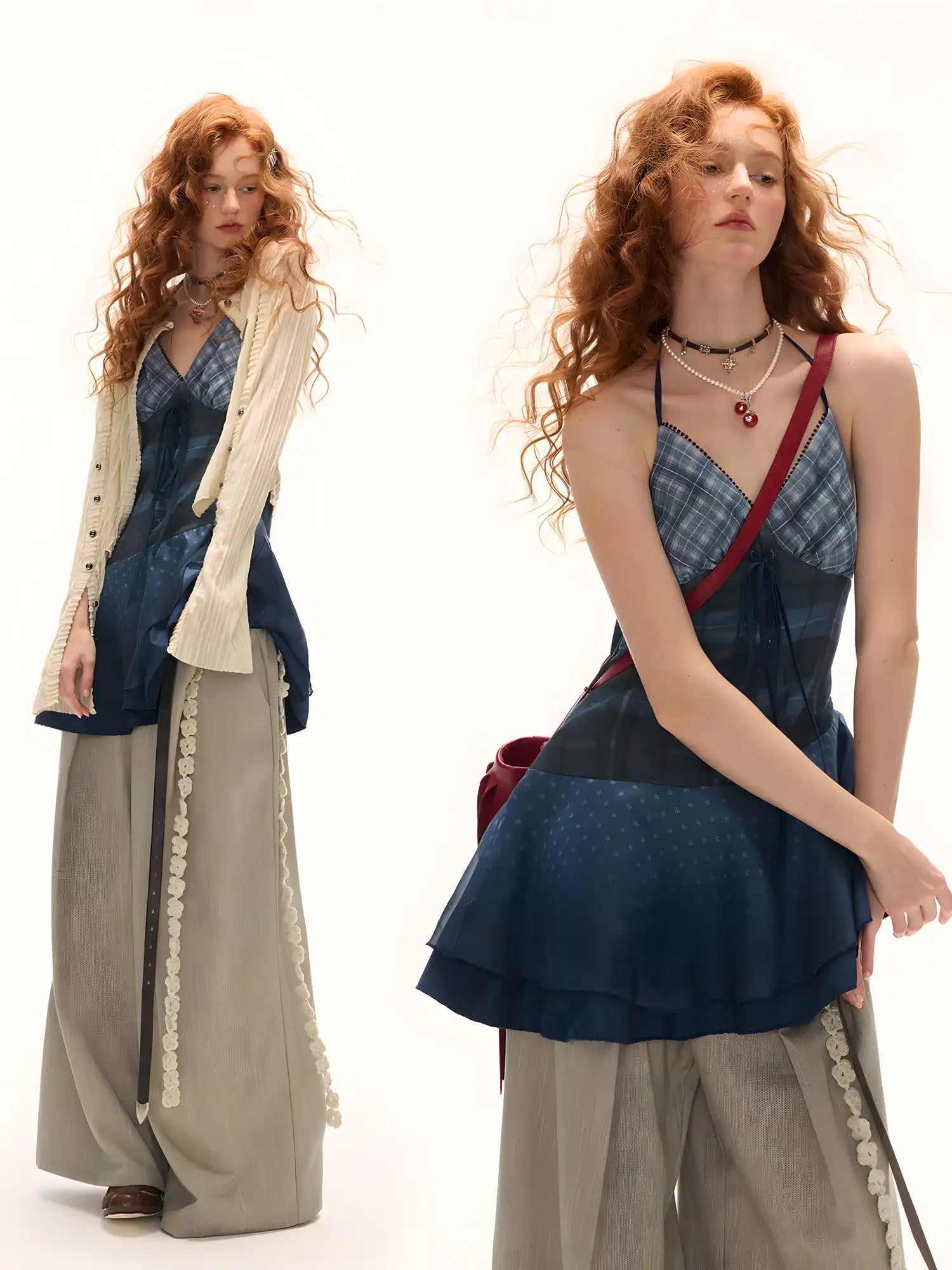 Blue Plaid Halterneck Mesh Mini Dress