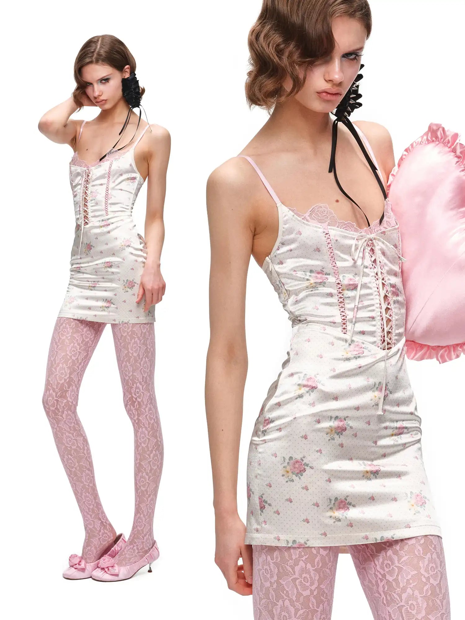 Faux-Layered Satin Lace Mini Dress