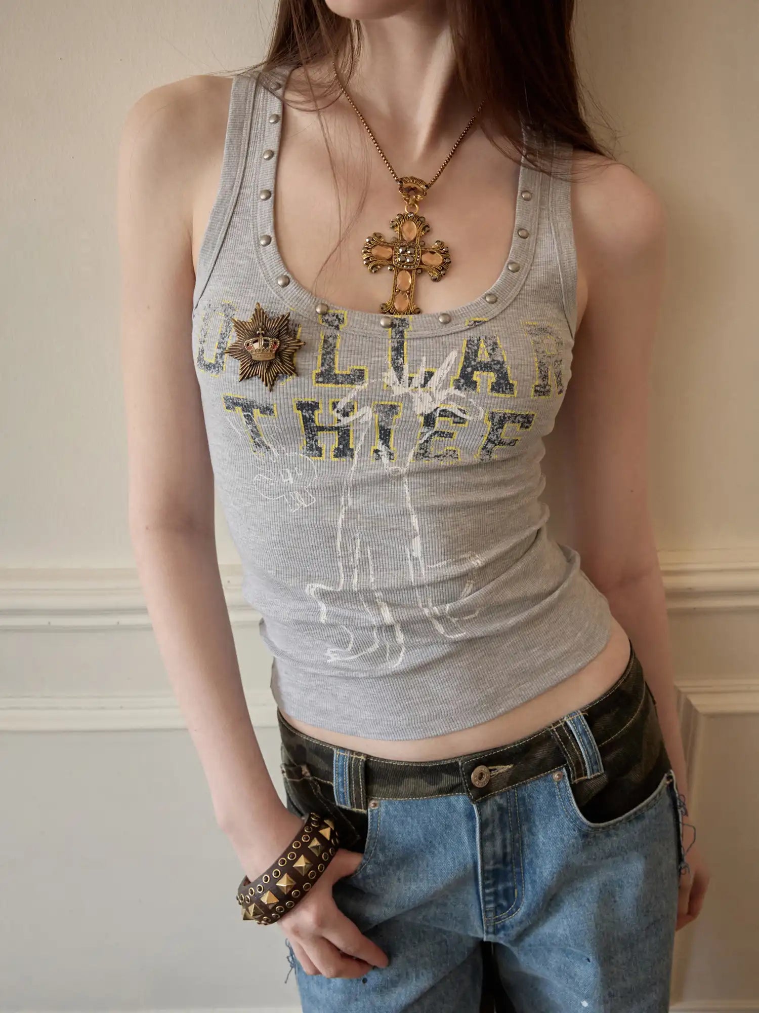 1Jinn Studio 2000s Y2K fitted U Neck Studded Tank Top | Canton Collective