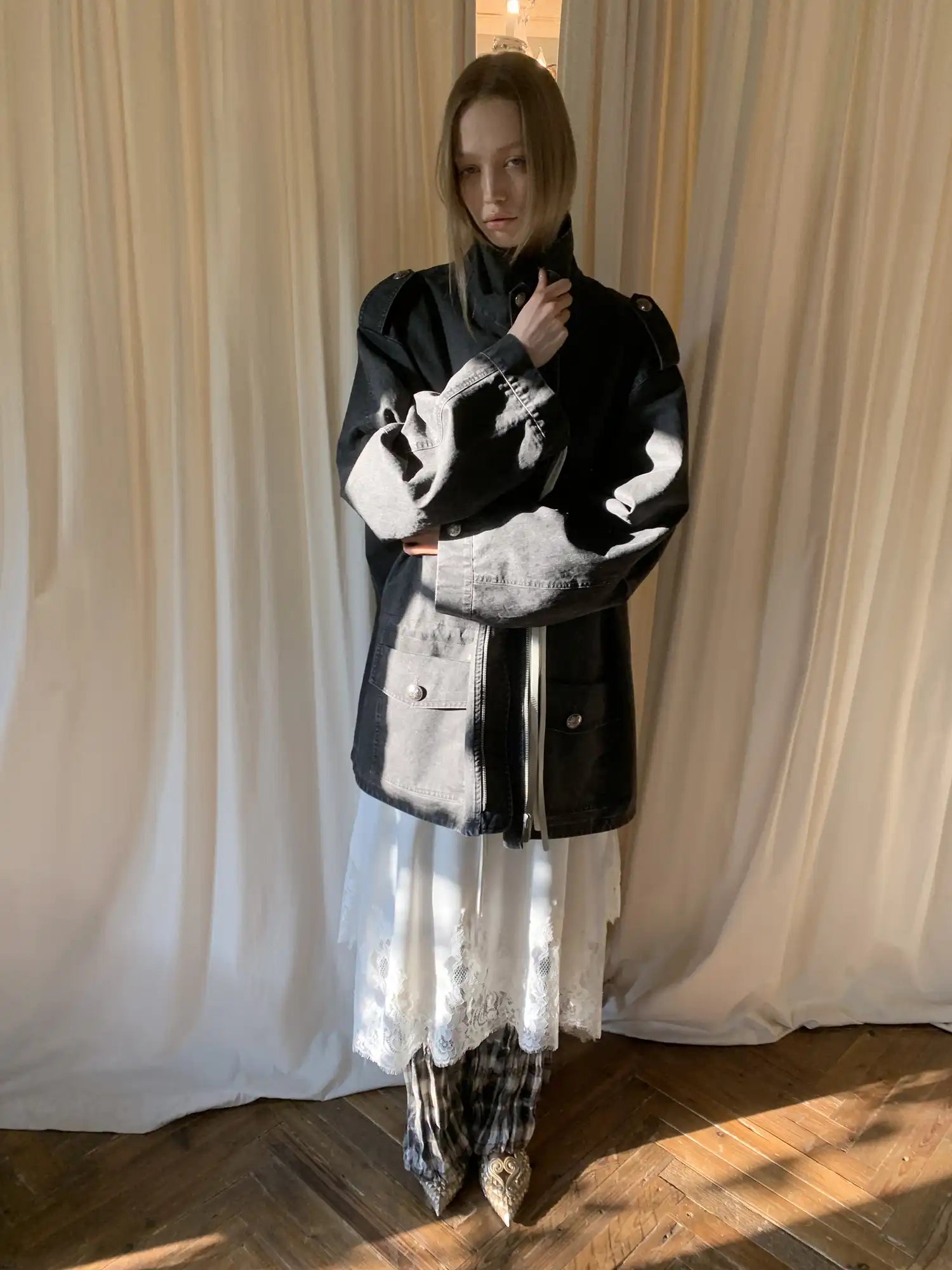 1Jinn Studio 90s Vintage Y2K Drawstring Waist Oversized Military Zip Jacket | Canton Collective