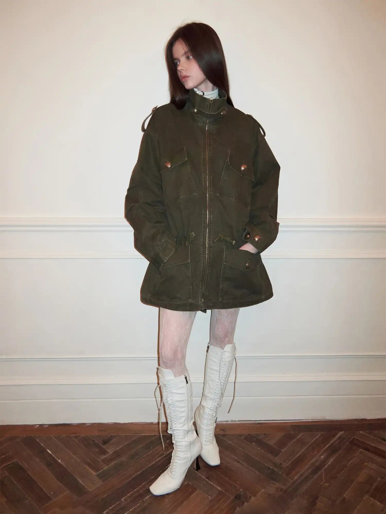 1Jinn Studio 90s Vintage Y2K Drawstring Waist Oversized Military Zip Jacket | Canton Collective