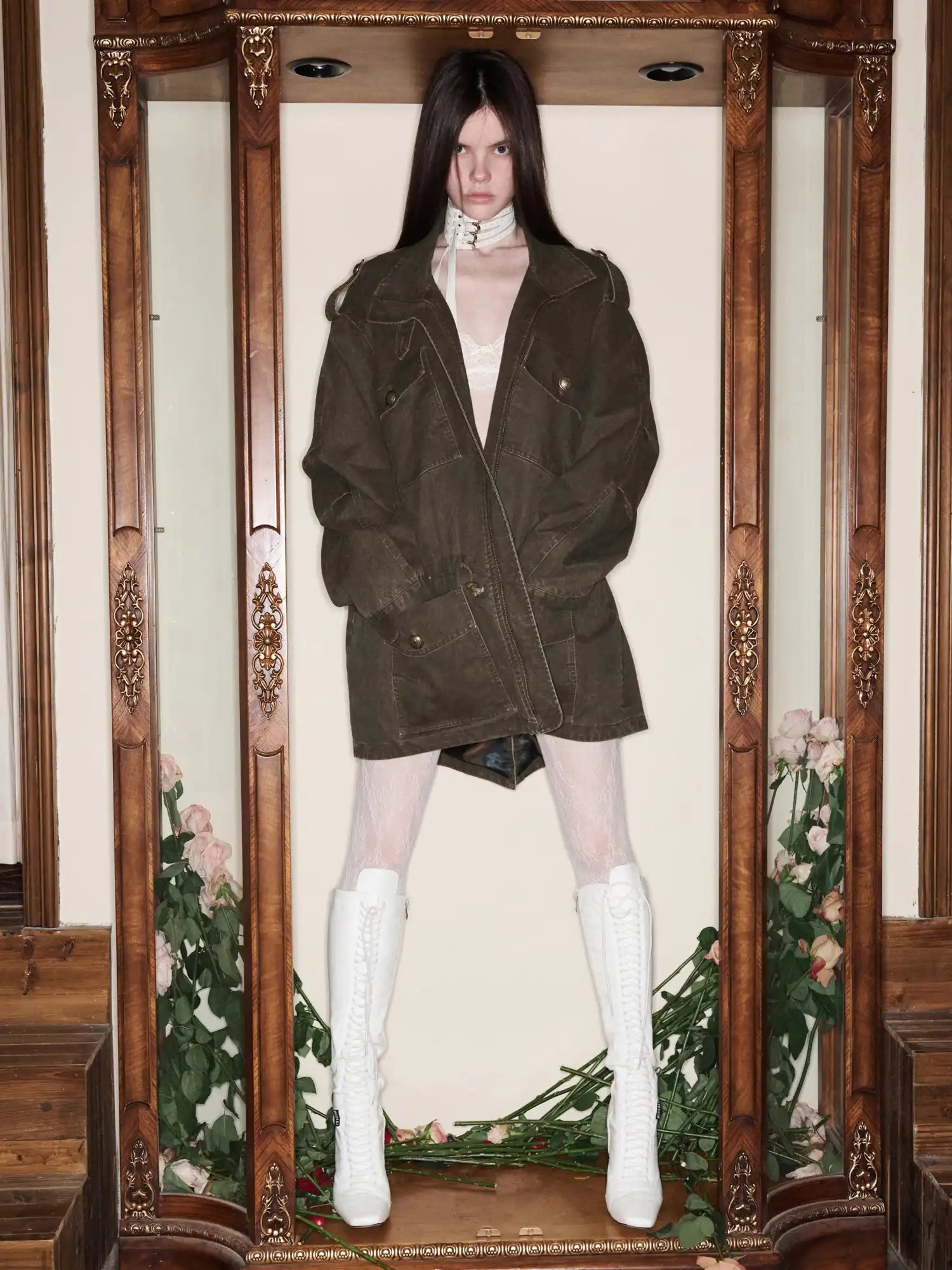 1Jinn Studio 90s Vintage Y2K Drawstring Waist Oversized Military Zip Jacket | Canton Collective