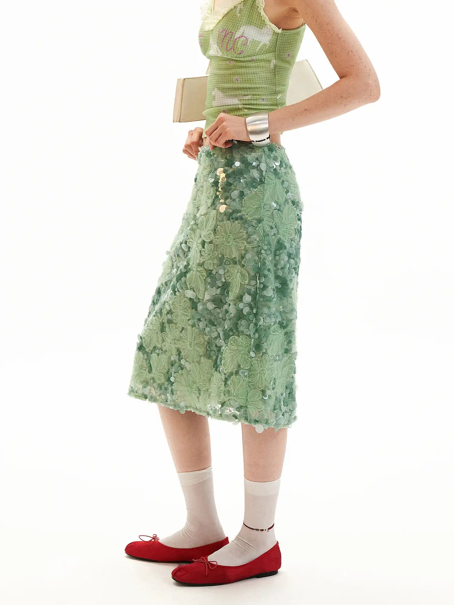 MAMC Applique Floral Soft Green Sequin Midi Skirt | Canton Collective