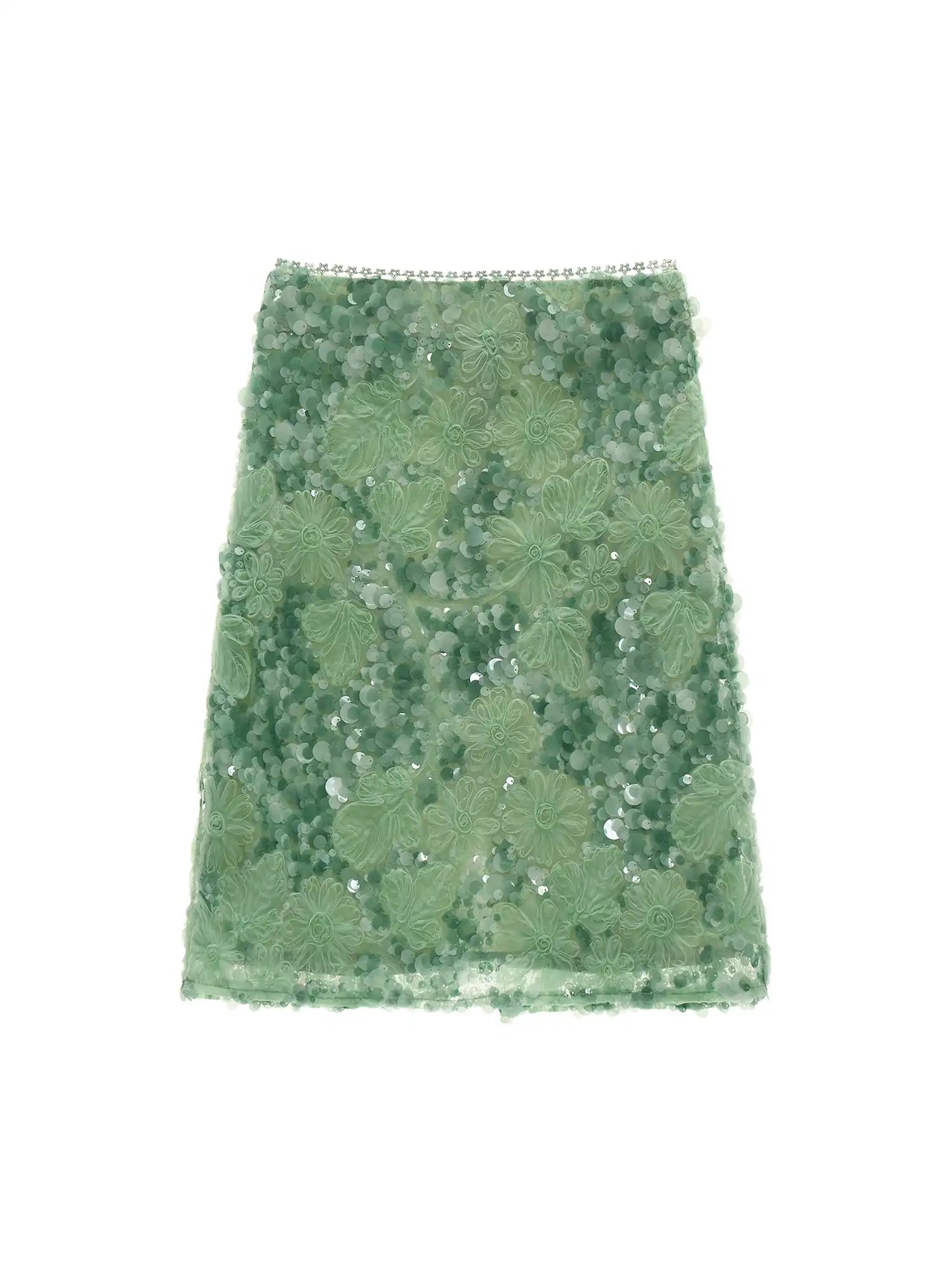 MAMC Applique Floral Soft Green Sequin Midi Skirt | Canton Collective