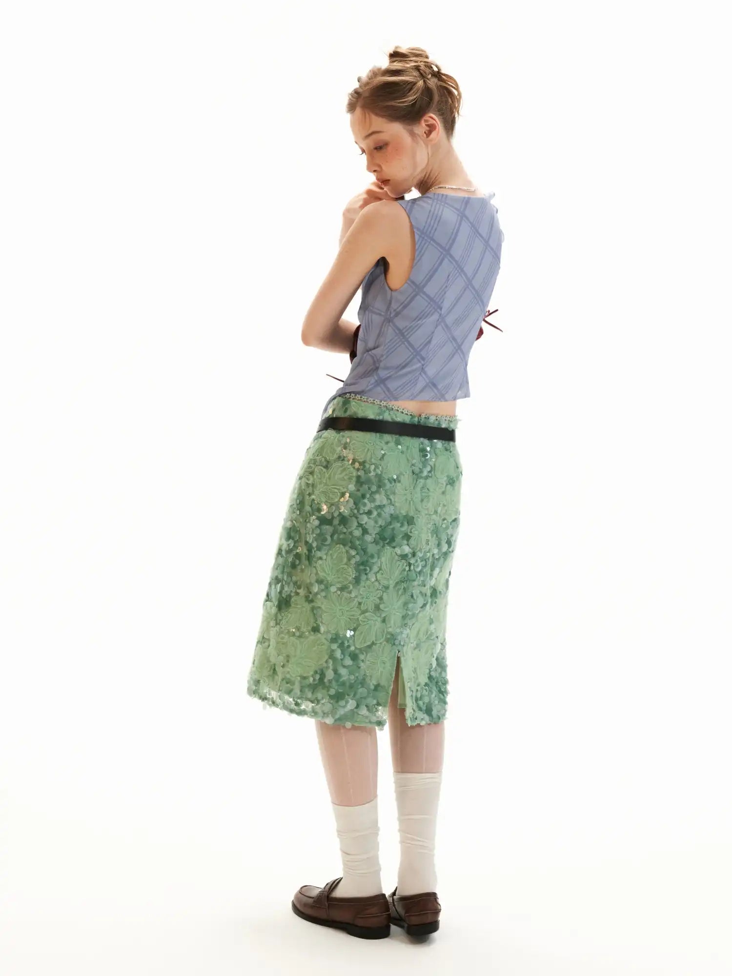 MAMC Applique Floral Soft Green Sequin Midi Skirt | Canton Collective